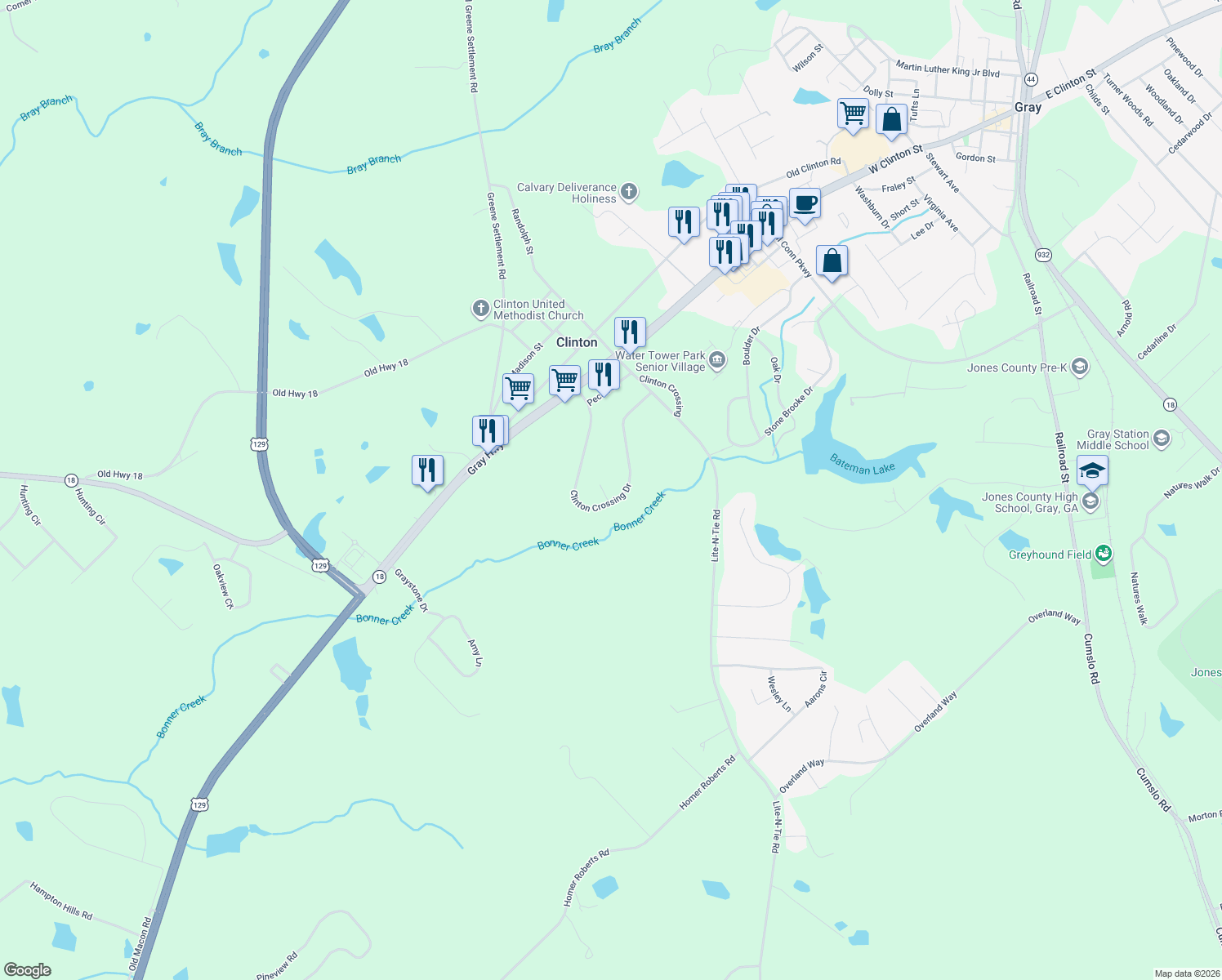 map of restaurants, bars, coffee shops, grocery stores, and more near 104 Clinton Crossing Lane in Gray