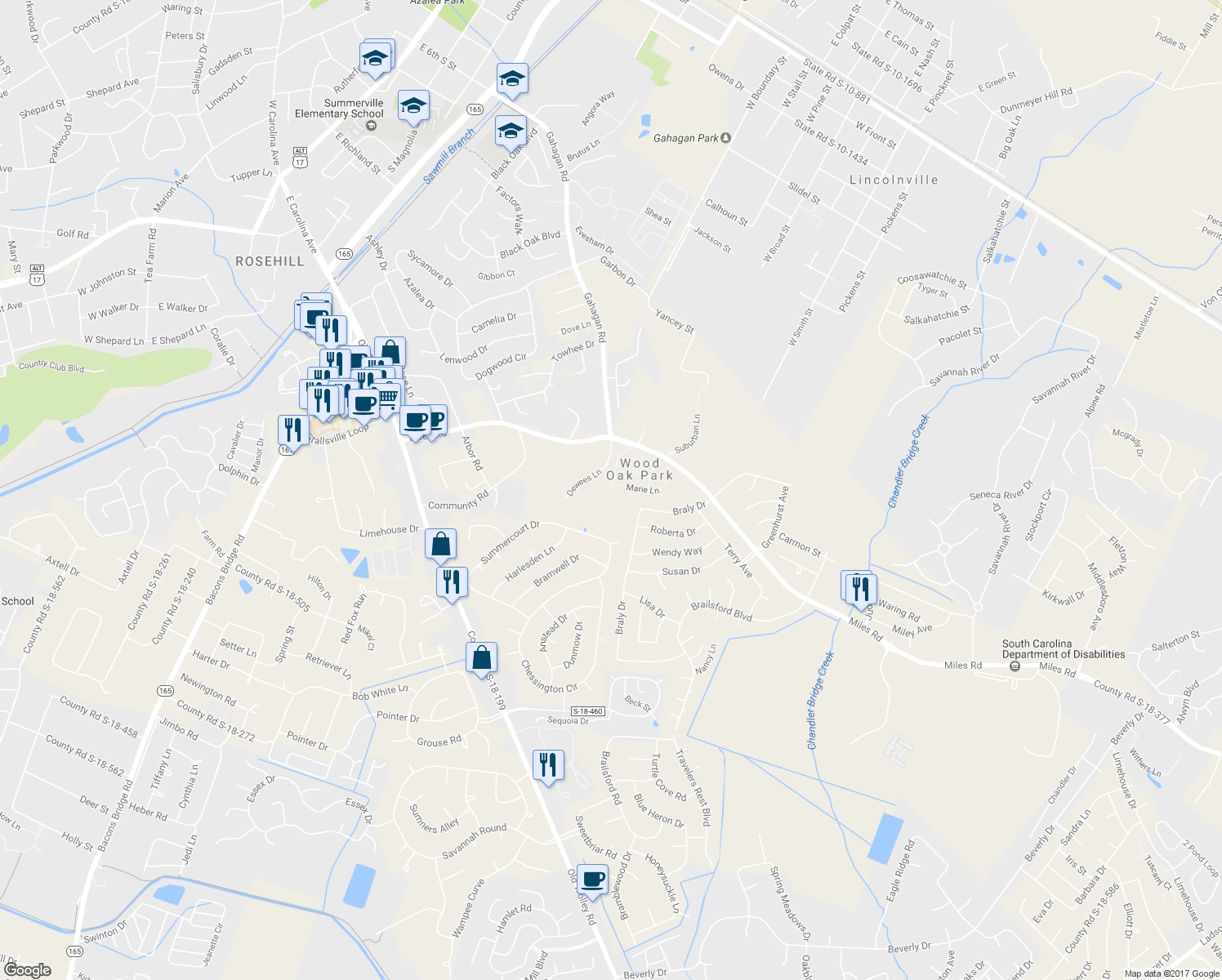 map of restaurants, bars, coffee shops, grocery stores, and more near 308 Linda Lane in Summerville