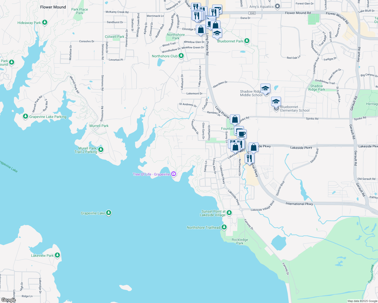 map of restaurants, bars, coffee shops, grocery stores, and more near 2805 McPherson Ln in Flower Mound