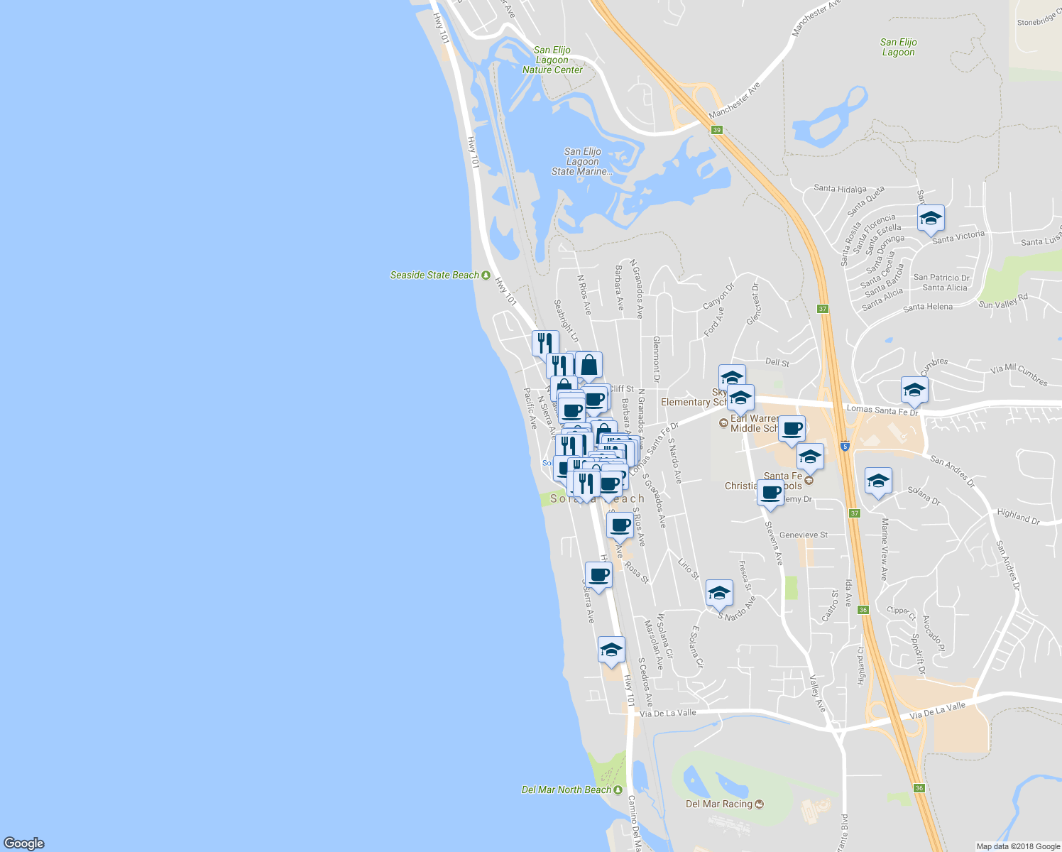 map of restaurants, bars, coffee shops, grocery stores, and more near 309 Pacific Avenue in Solana Beach