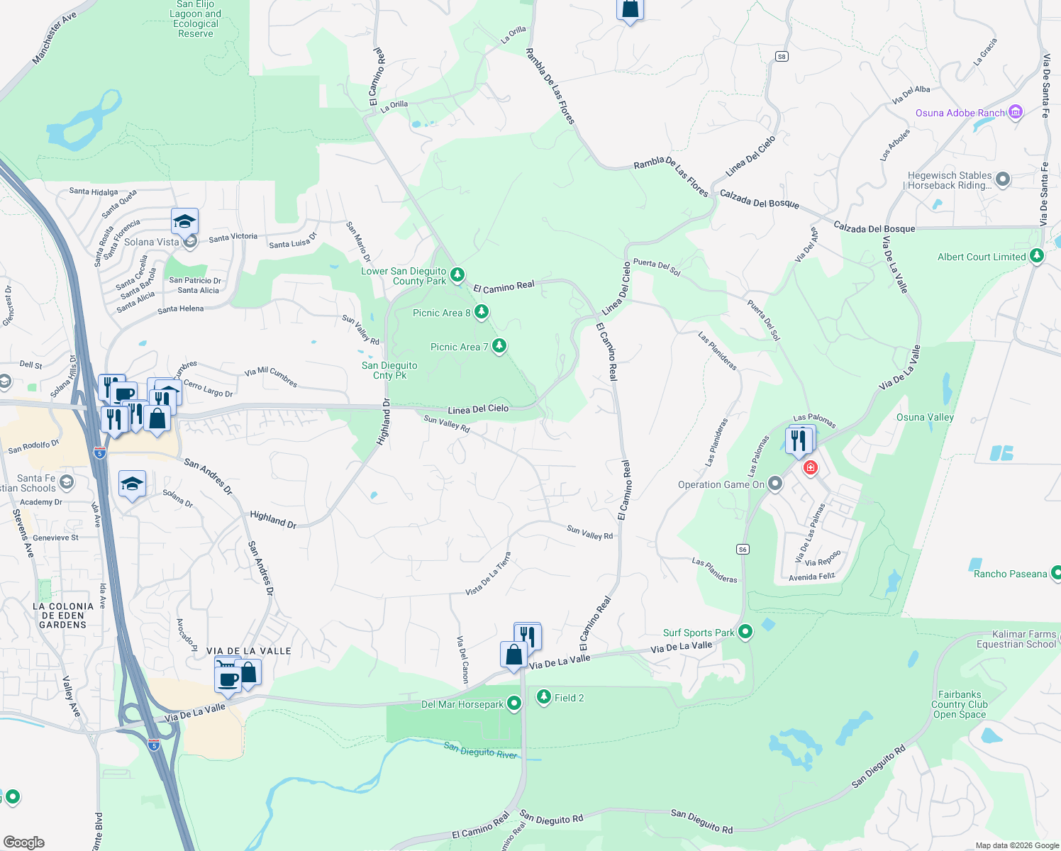 map of restaurants, bars, coffee shops, grocery stores, and more near 4678 Sun Valley Road in Del Mar