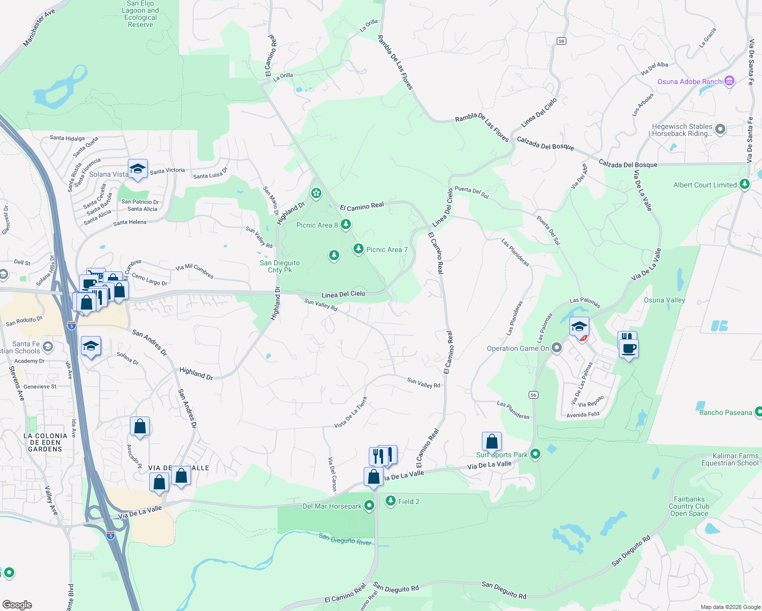 map of restaurants, bars, coffee shops, grocery stores, and more near 4678 Sun Valley Road in Del Mar