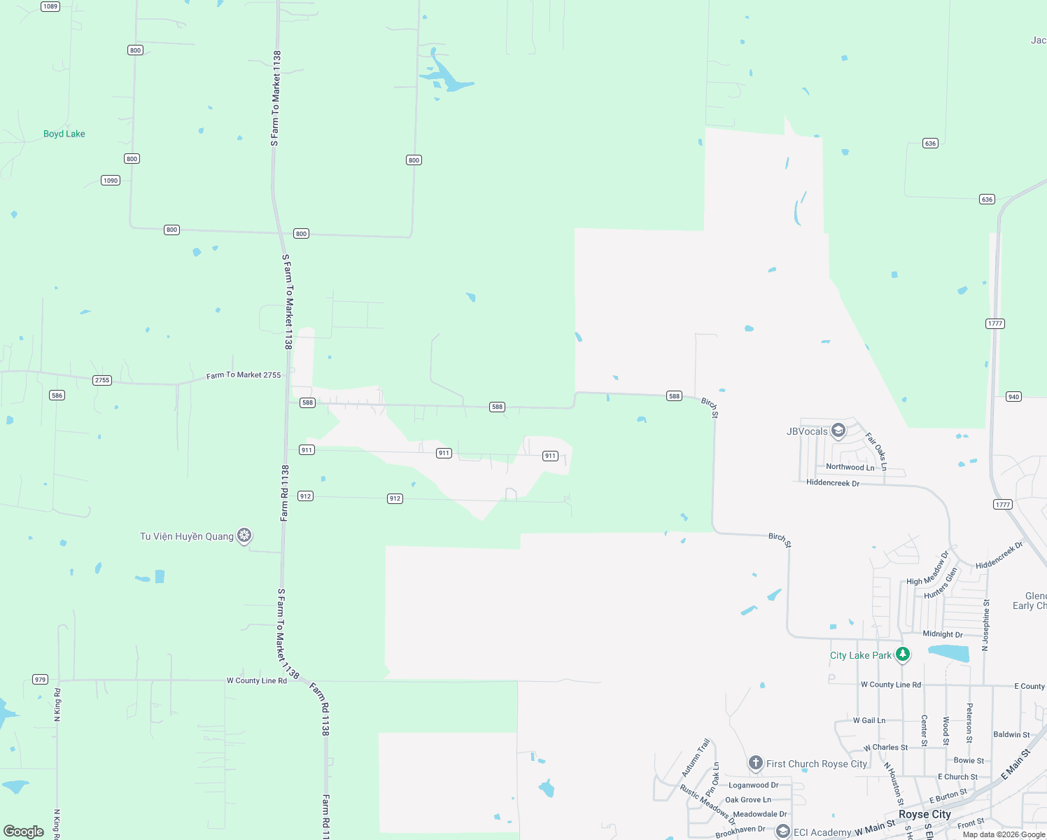 map of restaurants, bars, coffee shops, grocery stores, and more near 164 County Road 588 in Royse City