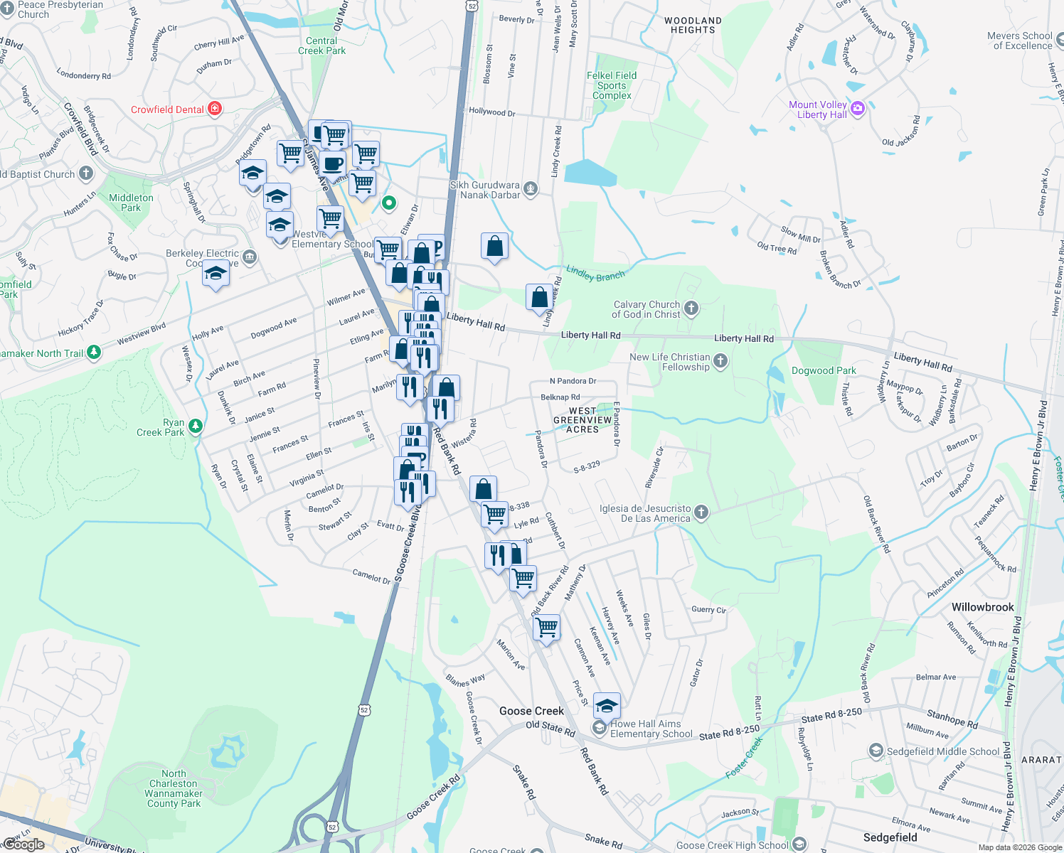 map of restaurants, bars, coffee shops, grocery stores, and more near 133 Pandora Drive in Goose Creek