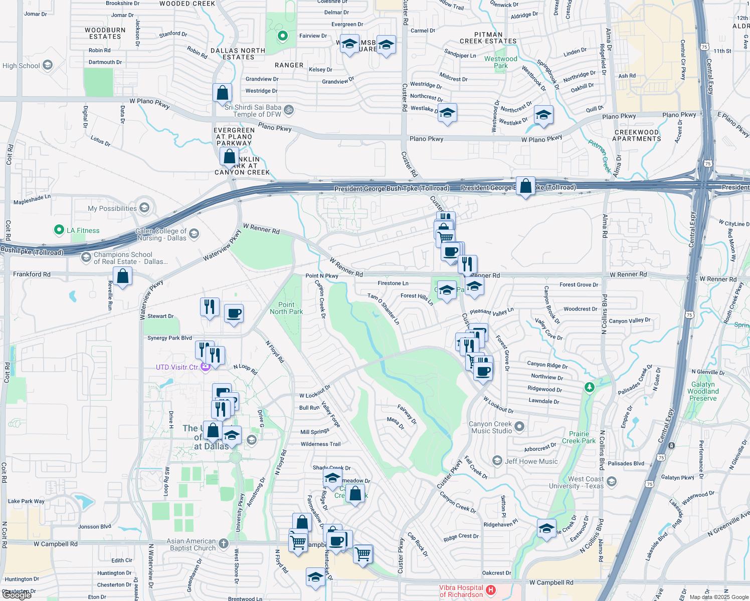 map of restaurants, bars, coffee shops, grocery stores, and more near 3201 Tam O Shanter Ln in Richardson