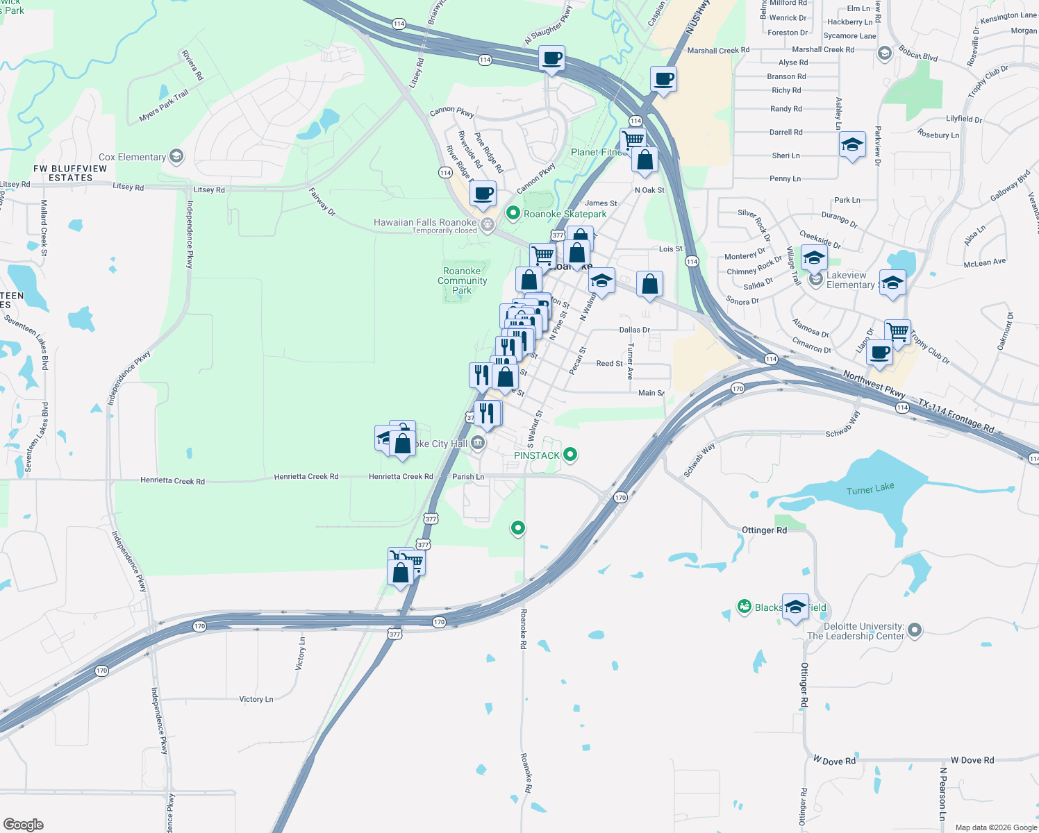 map of restaurants, bars, coffee shops, grocery stores, and more near 300 Lamar Street in Roanoke