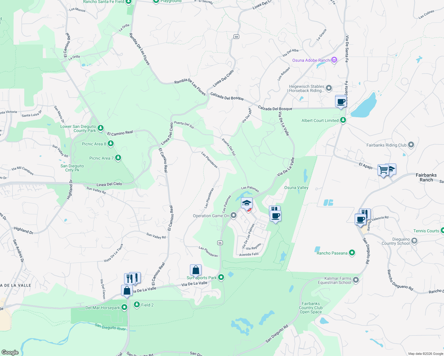 map of restaurants, bars, coffee shops, grocery stores, and more near 15615 Las Planideras in Rancho Santa Fe