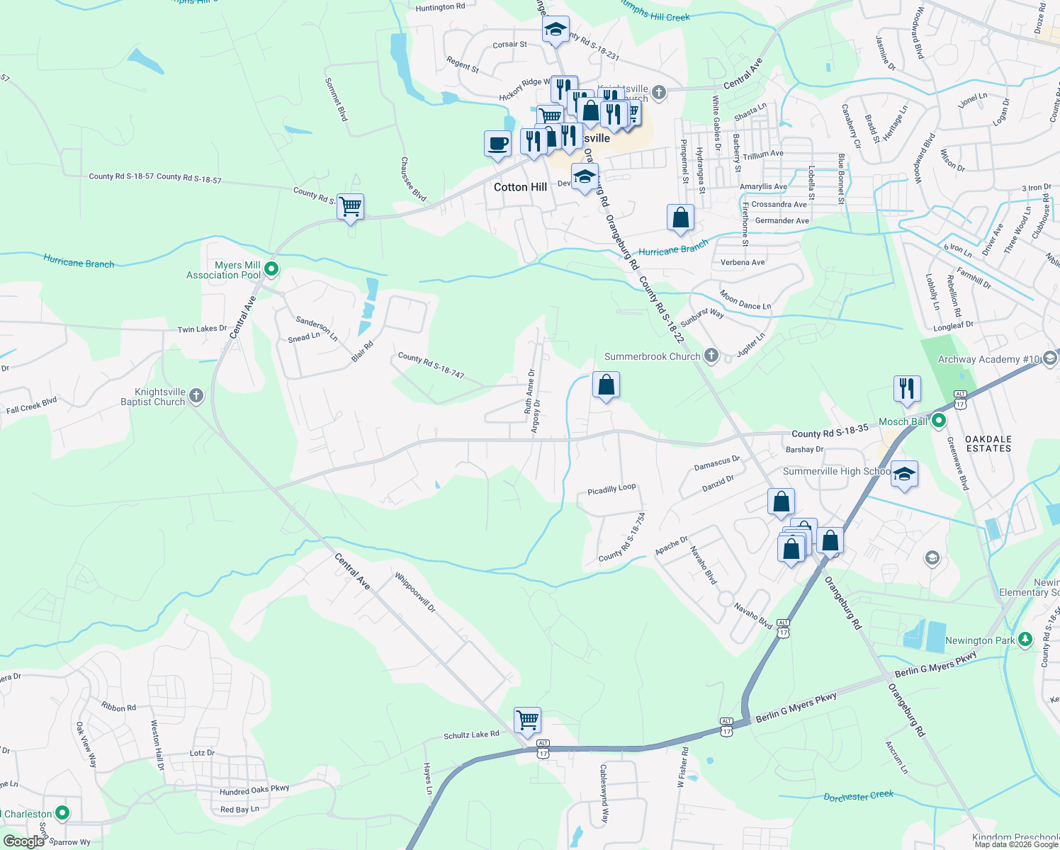 map of restaurants, bars, coffee shops, grocery stores, and more near 109 County Road S-18-410 in Summerville