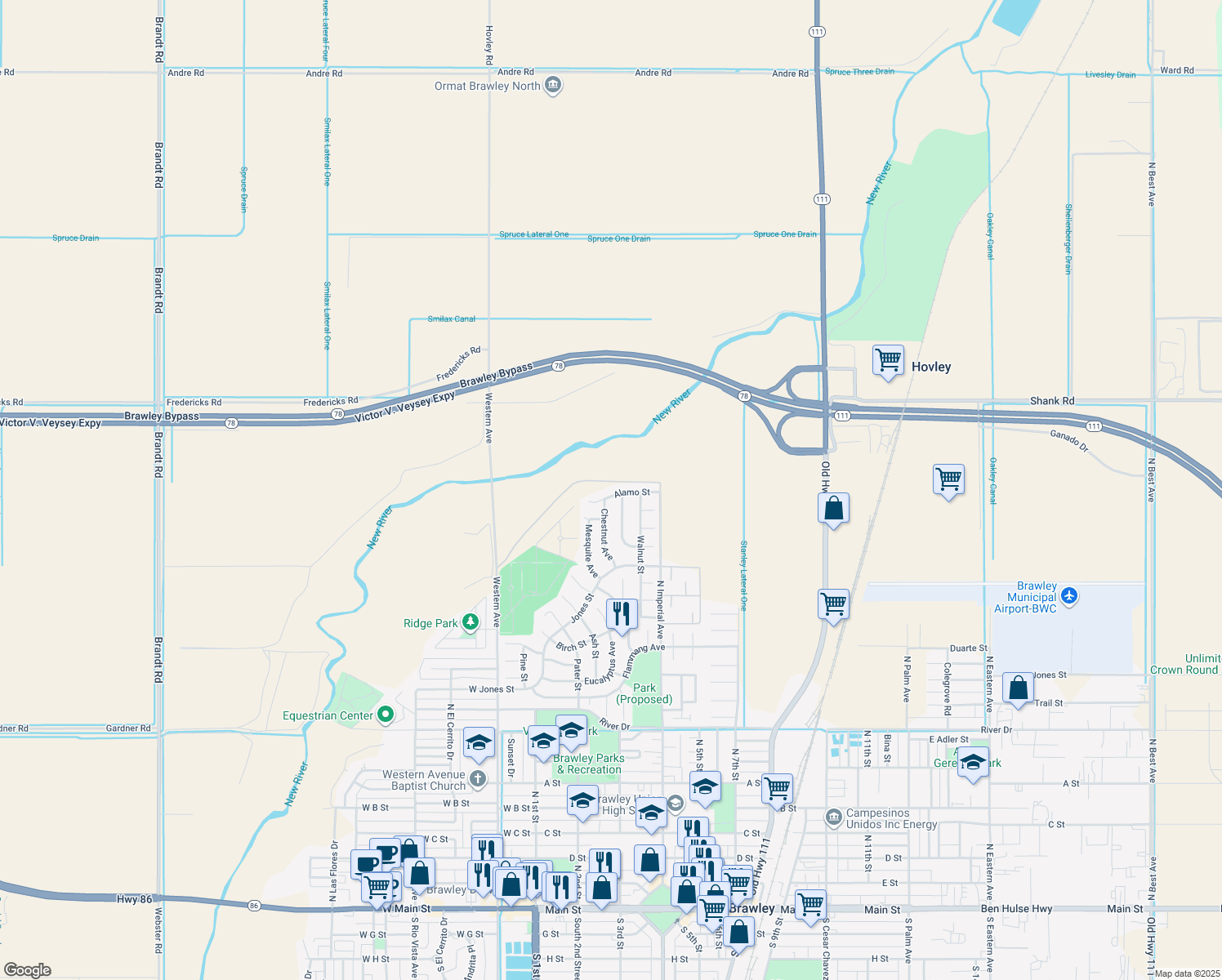 map of restaurants, bars, coffee shops, grocery stores, and more near 1029 Alamo Street in Brawley