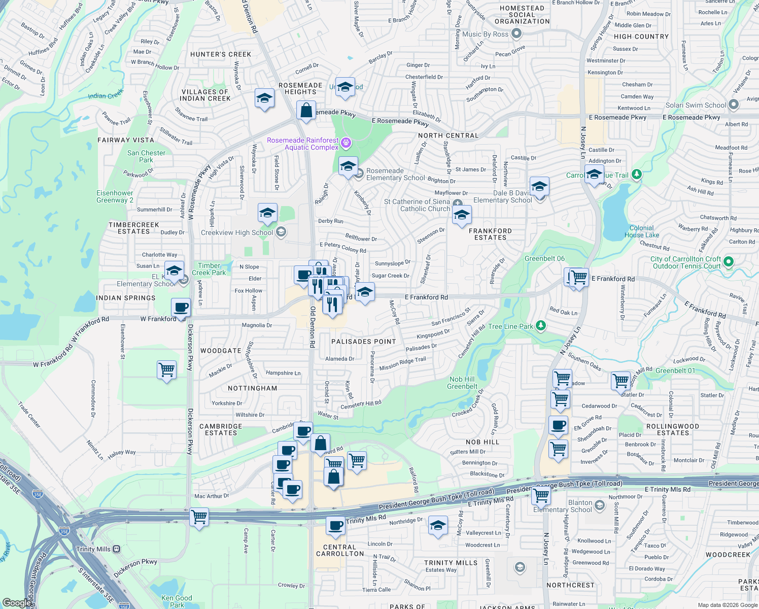 map of restaurants, bars, coffee shops, grocery stores, and more near 1518 Frankford Road East in Carrollton