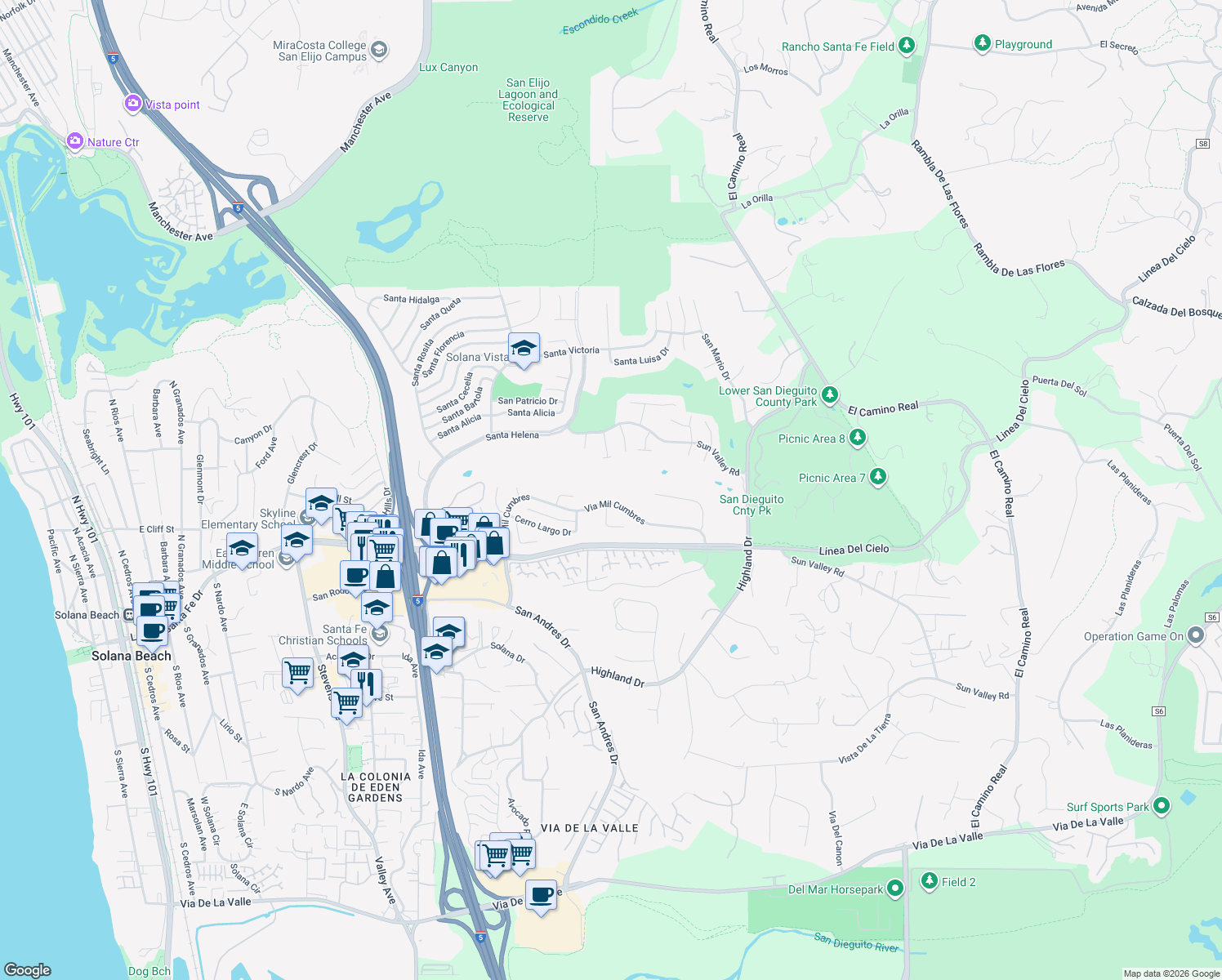 map of restaurants, bars, coffee shops, grocery stores, and more near 1202 Via Mil Cumbres in Solana Beach