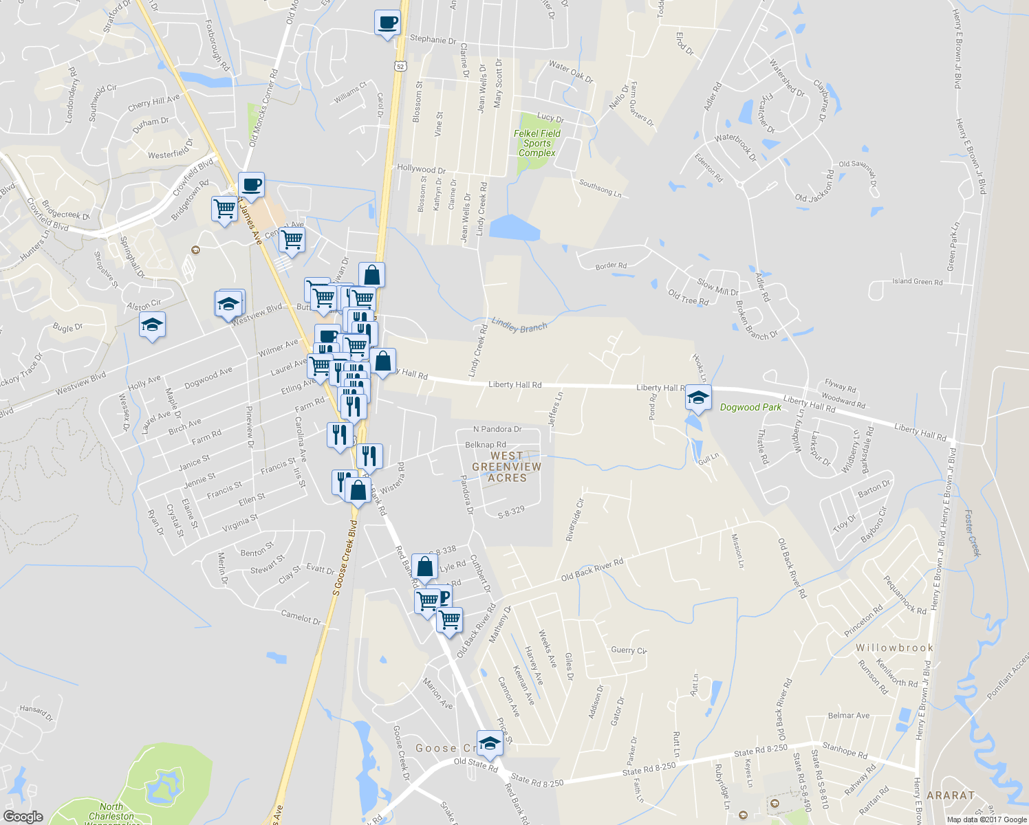 map of restaurants, bars, coffee shops, grocery stores, and more near 118 Qwin Lane in Goose Creek