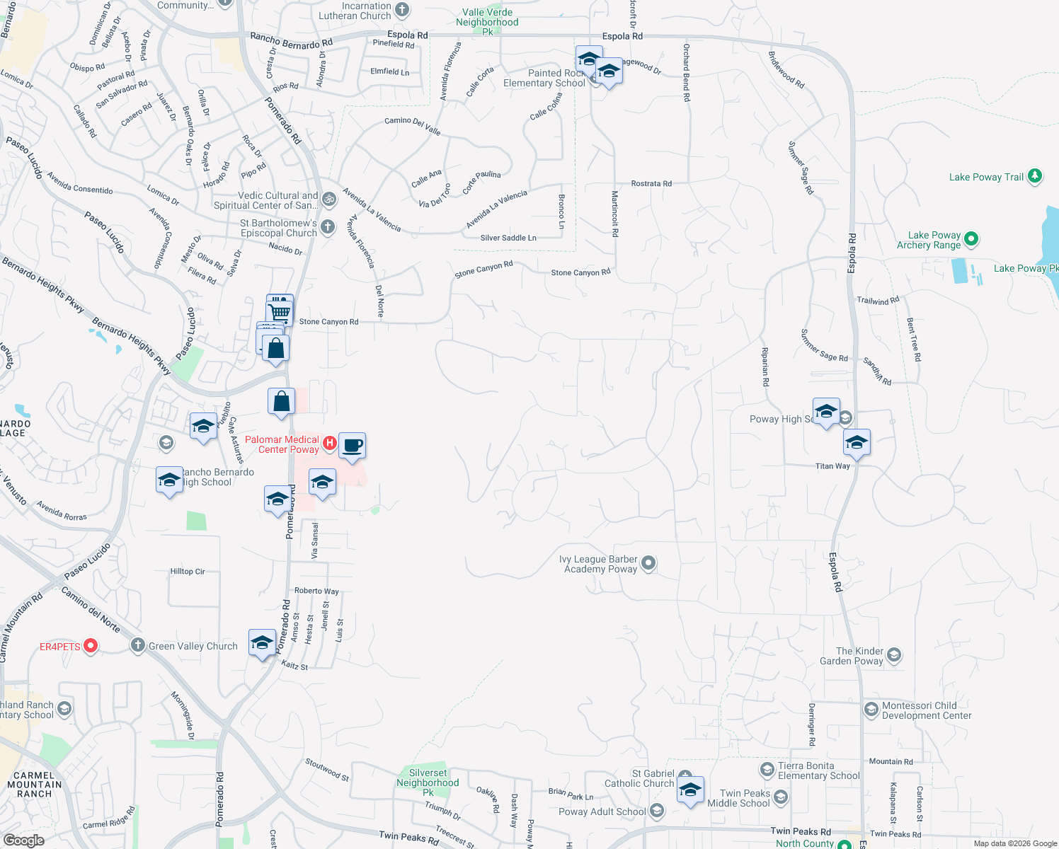 map of restaurants, bars, coffee shops, grocery stores, and more near 15641 Boulder Mountain Road in Poway