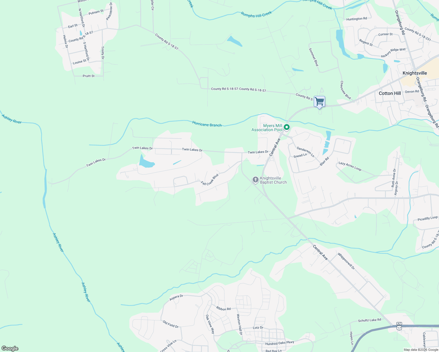 map of restaurants, bars, coffee shops, grocery stores, and more near 121 Fall Creek Boulevard in Summerville