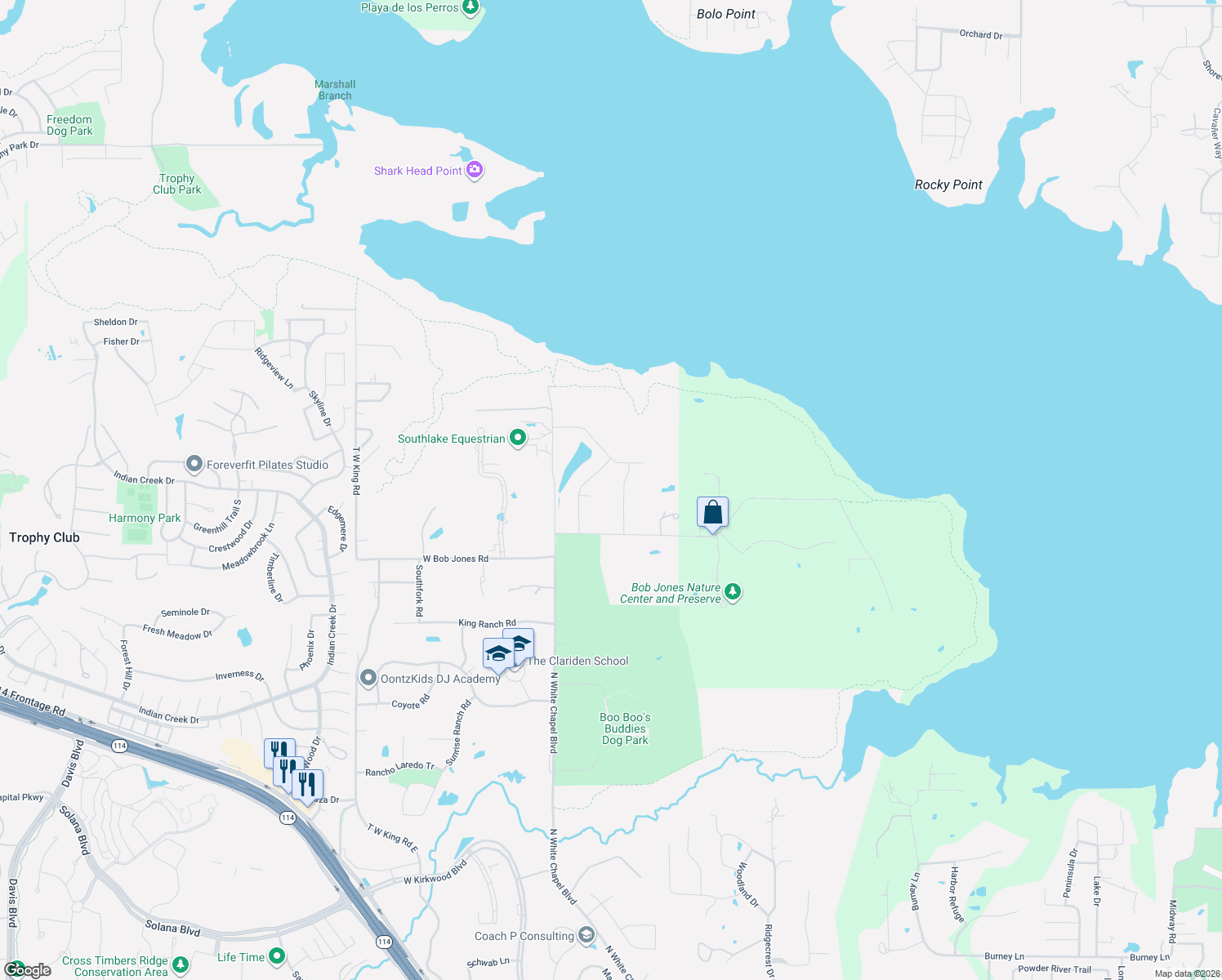 map of restaurants, bars, coffee shops, grocery stores, and more near 4490 Saddle Ridge Road in Southlake