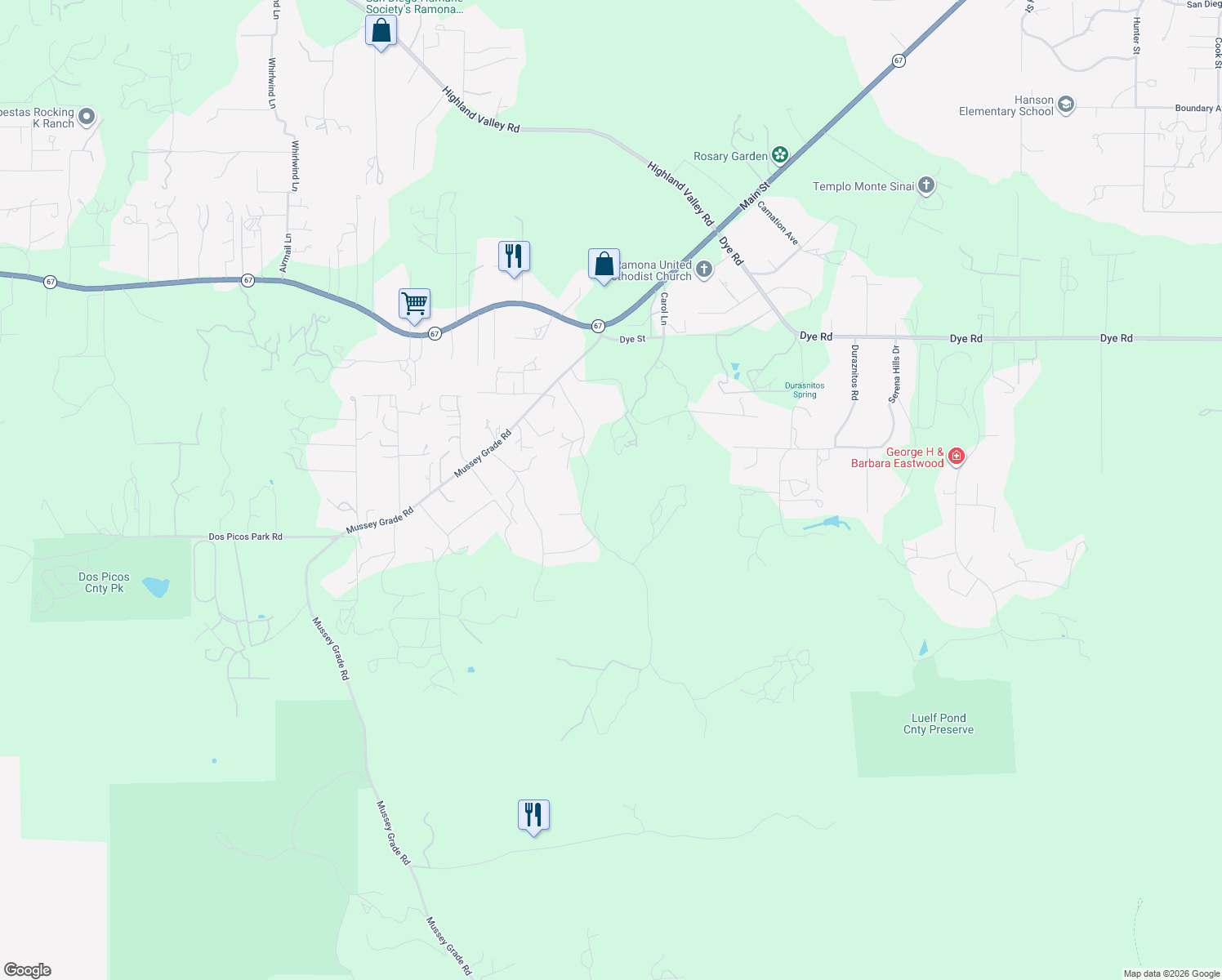 map of restaurants, bars, coffee shops, grocery stores, and more near 15677 Oak Valley Road in Ramona