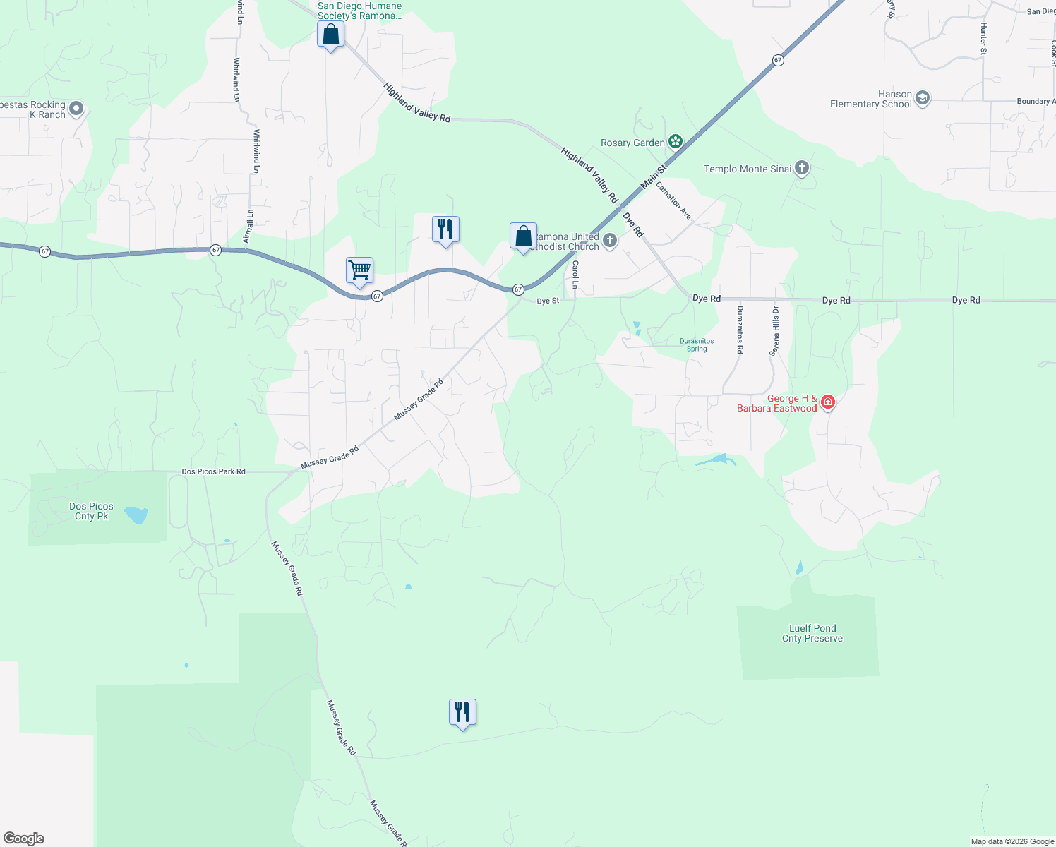 map of restaurants, bars, coffee shops, grocery stores, and more near 15677 Oak Valley Road in Ramona