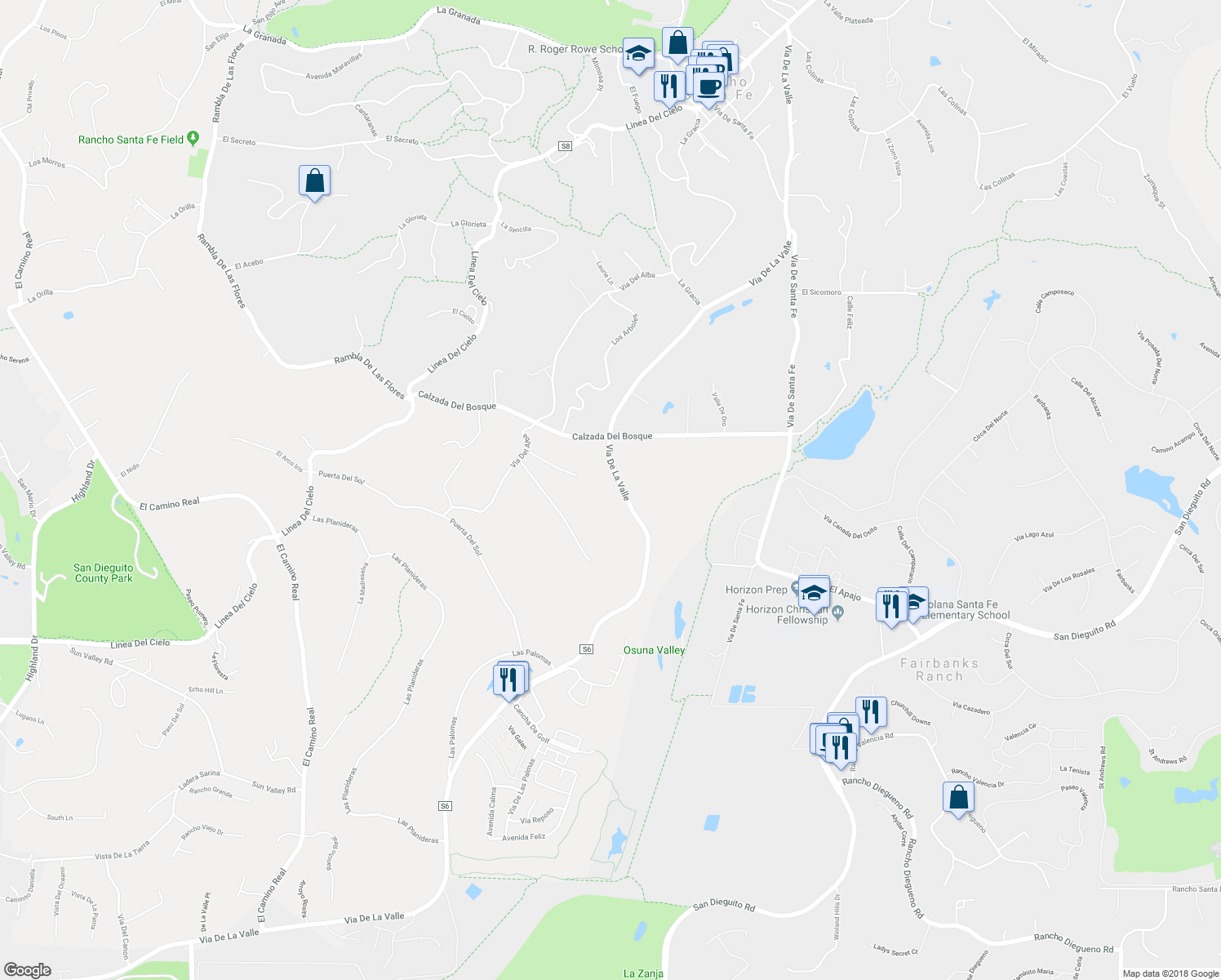 map of restaurants, bars, coffee shops, grocery stores, and more near 16039 Via Del Alba in Rancho Santa Fe