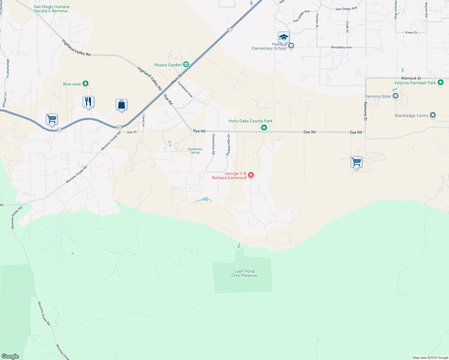map of restaurants, bars, coffee shops, grocery stores, and more near 2426 Via Majella in Ramona