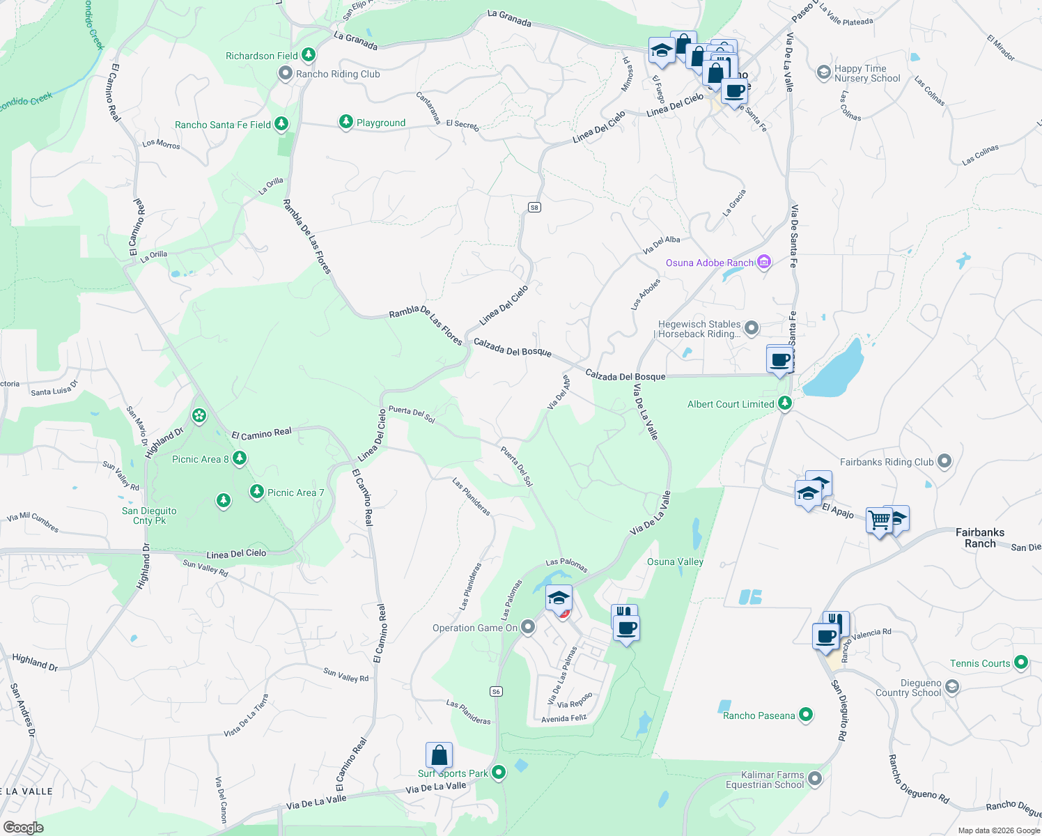 map of restaurants, bars, coffee shops, grocery stores, and more near 15816 Via Del Alba in Rancho Santa Fe