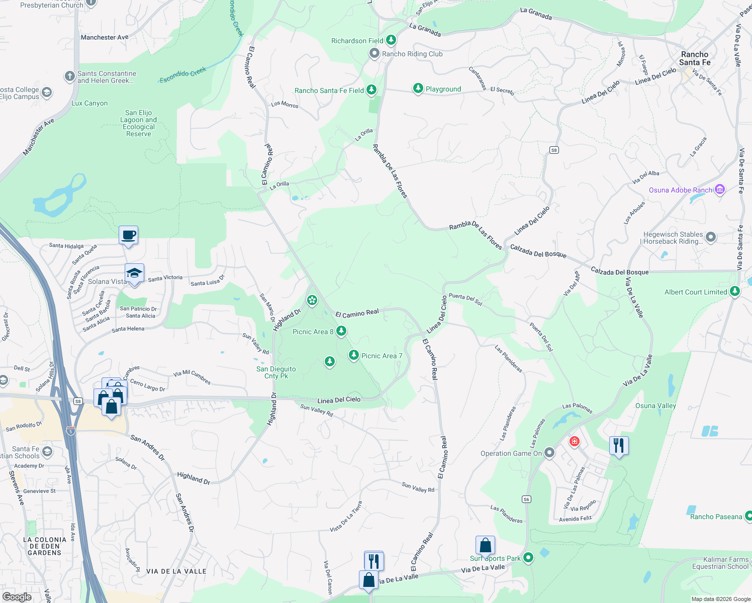 map of restaurants, bars, coffee shops, grocery stores, and more near 15779 El Camino Real in Rancho Santa Fe