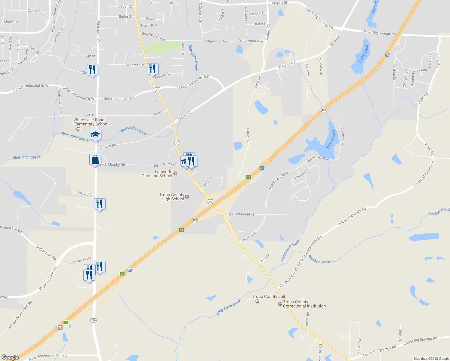 map of restaurants, bars, coffee shops, grocery stores, and more near 121 Willis Circle in LaGrange