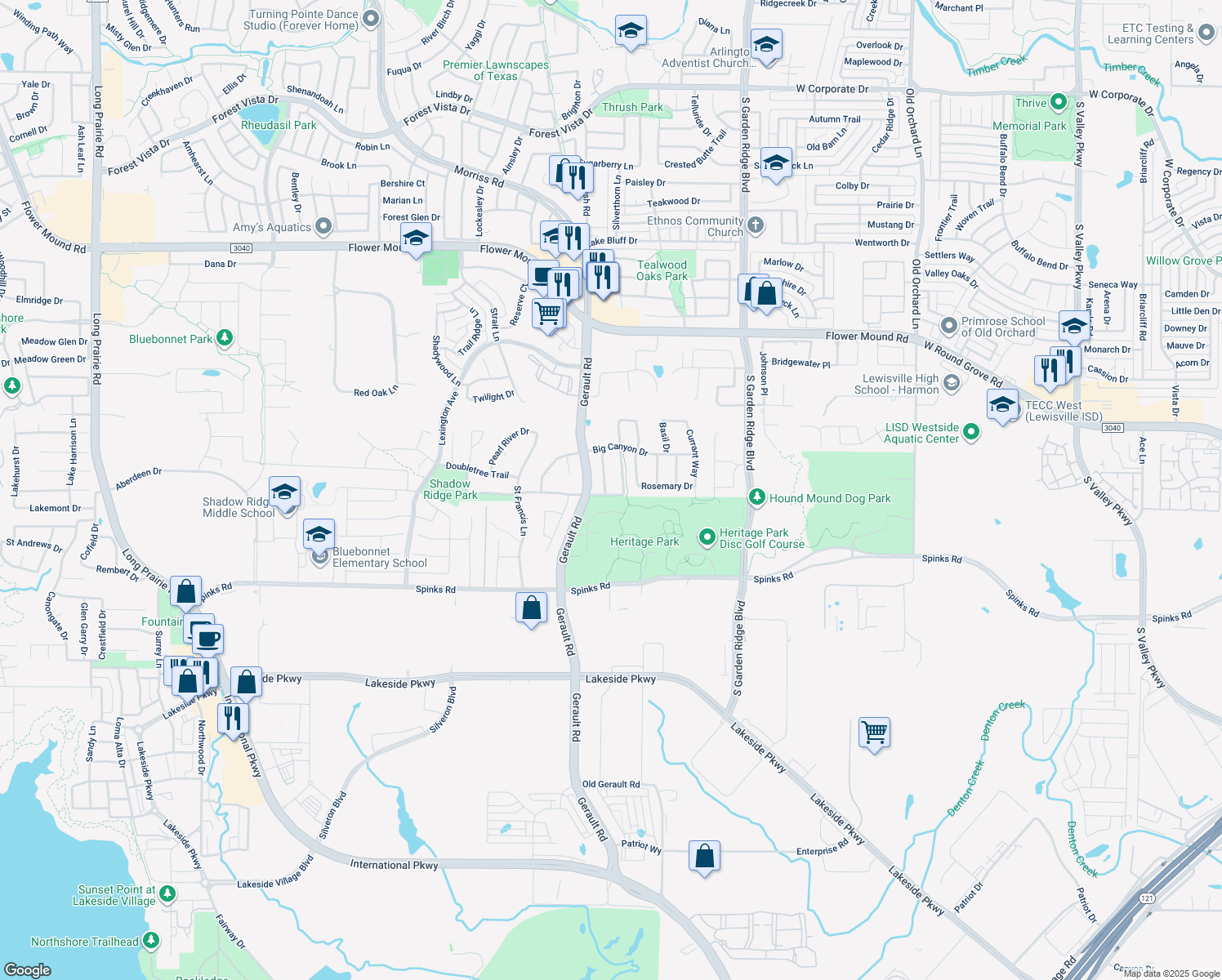 map of restaurants, bars, coffee shops, grocery stores, and more near 1300 Cayenne Drive in Flower Mound