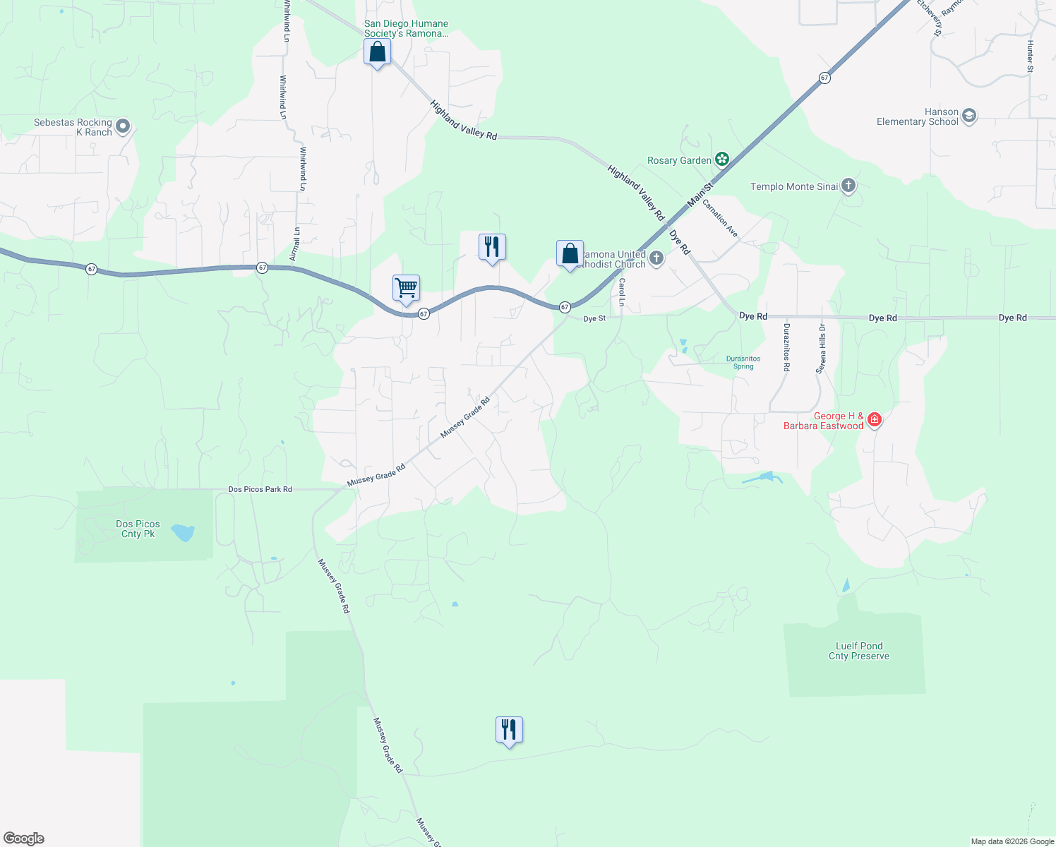map of restaurants, bars, coffee shops, grocery stores, and more near 15795 Mussey Grade Road in Ramona