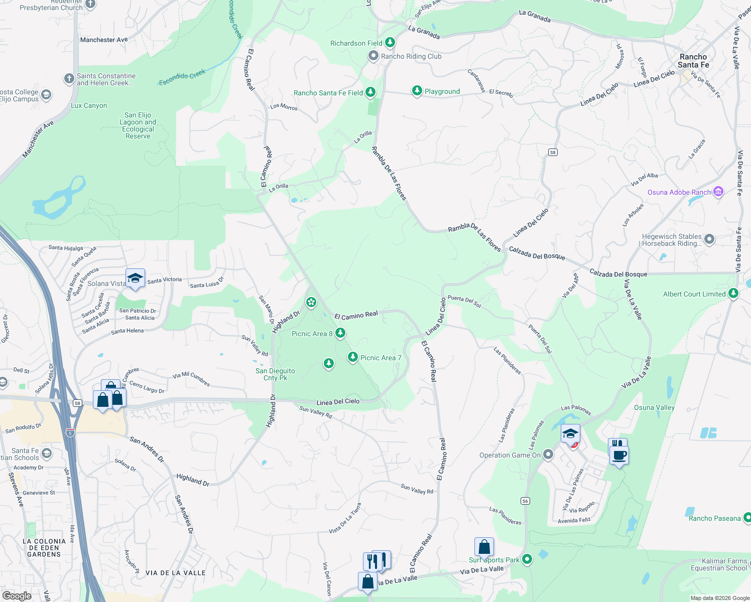 map of restaurants, bars, coffee shops, grocery stores, and more near 15779 El Camino Real in Rancho Santa Fe
