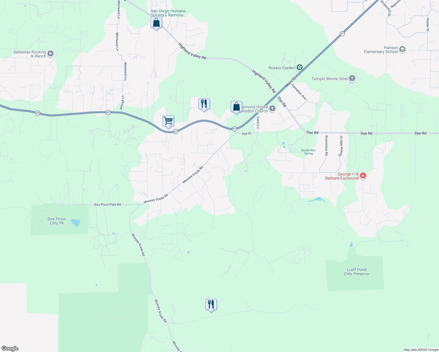 map of restaurants, bars, coffee shops, grocery stores, and more near 15770 Oak Valley Road in Ramona