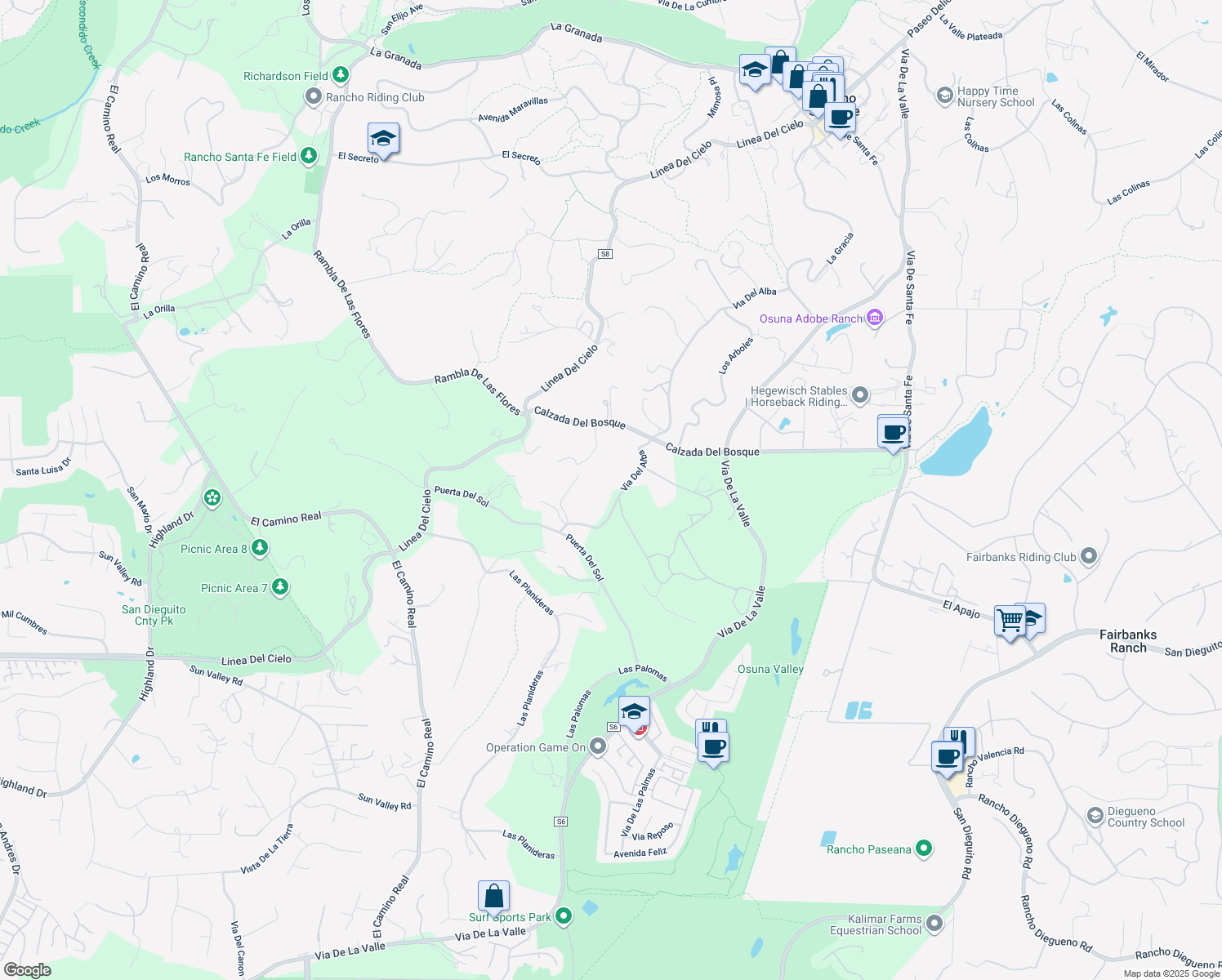 map of restaurants, bars, coffee shops, grocery stores, and more near 15952 Via Del Alba in Rancho Santa Fe