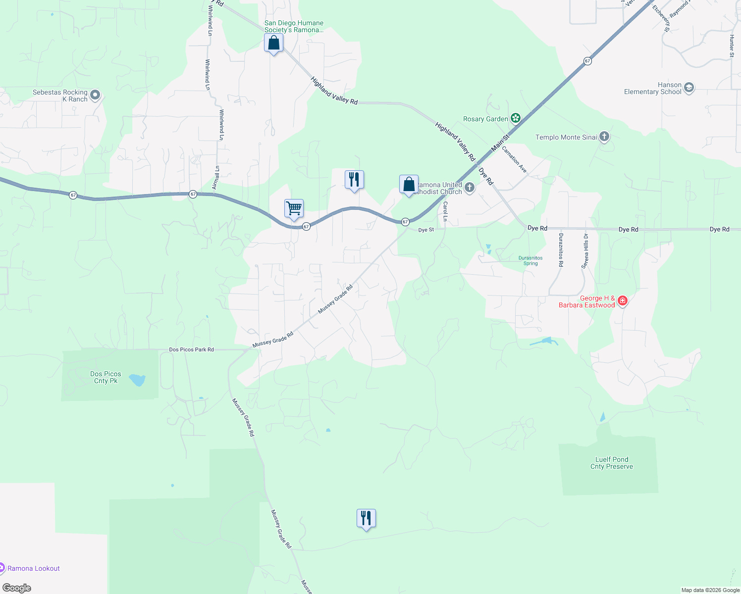 map of restaurants, bars, coffee shops, grocery stores, and more near 15795 Mussey Grade Road in Ramona