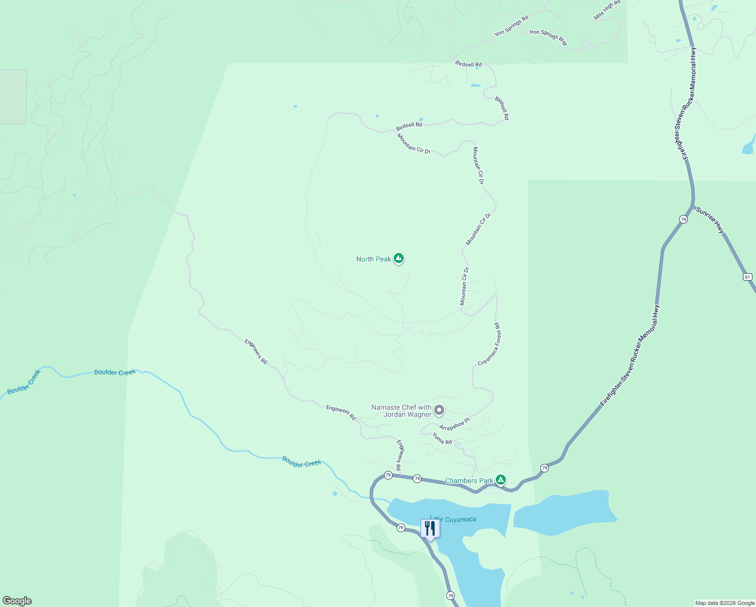 map of restaurants, bars, coffee shops, grocery stores, and more near 16060 North Peak Road in Julian