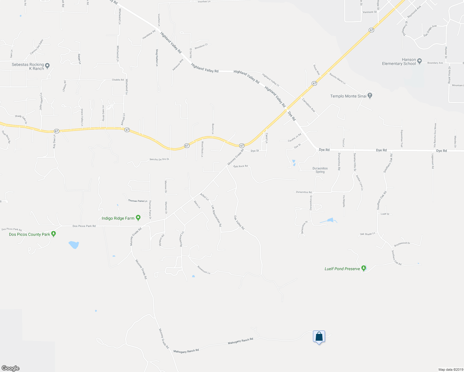 map of restaurants, bars, coffee shops, grocery stores, and more near 15774 Oak Valley Road in Ramona