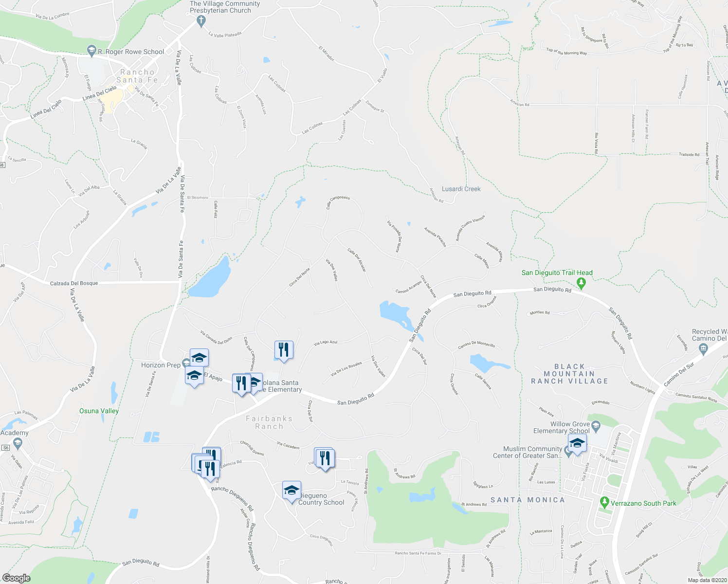 map of restaurants, bars, coffee shops, grocery stores, and more near 6483 Calle Del Alcazar in Rancho Santa Fe