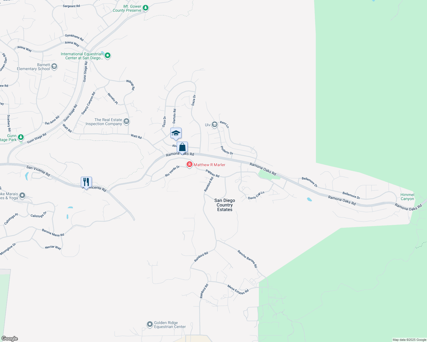 map of restaurants, bars, coffee shops, grocery stores, and more near 25084 Pappas Road in Ramona