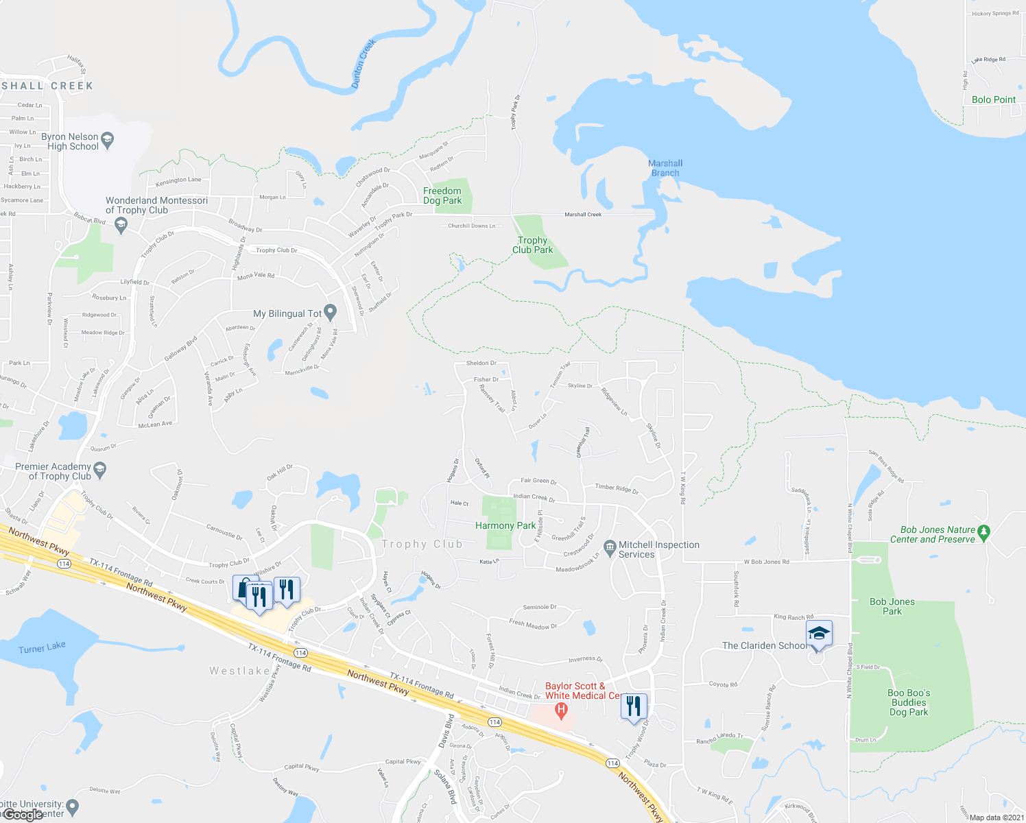 map of restaurants, bars, coffee shops, grocery stores, and more near 412 Abbot Lane in Trophy Club