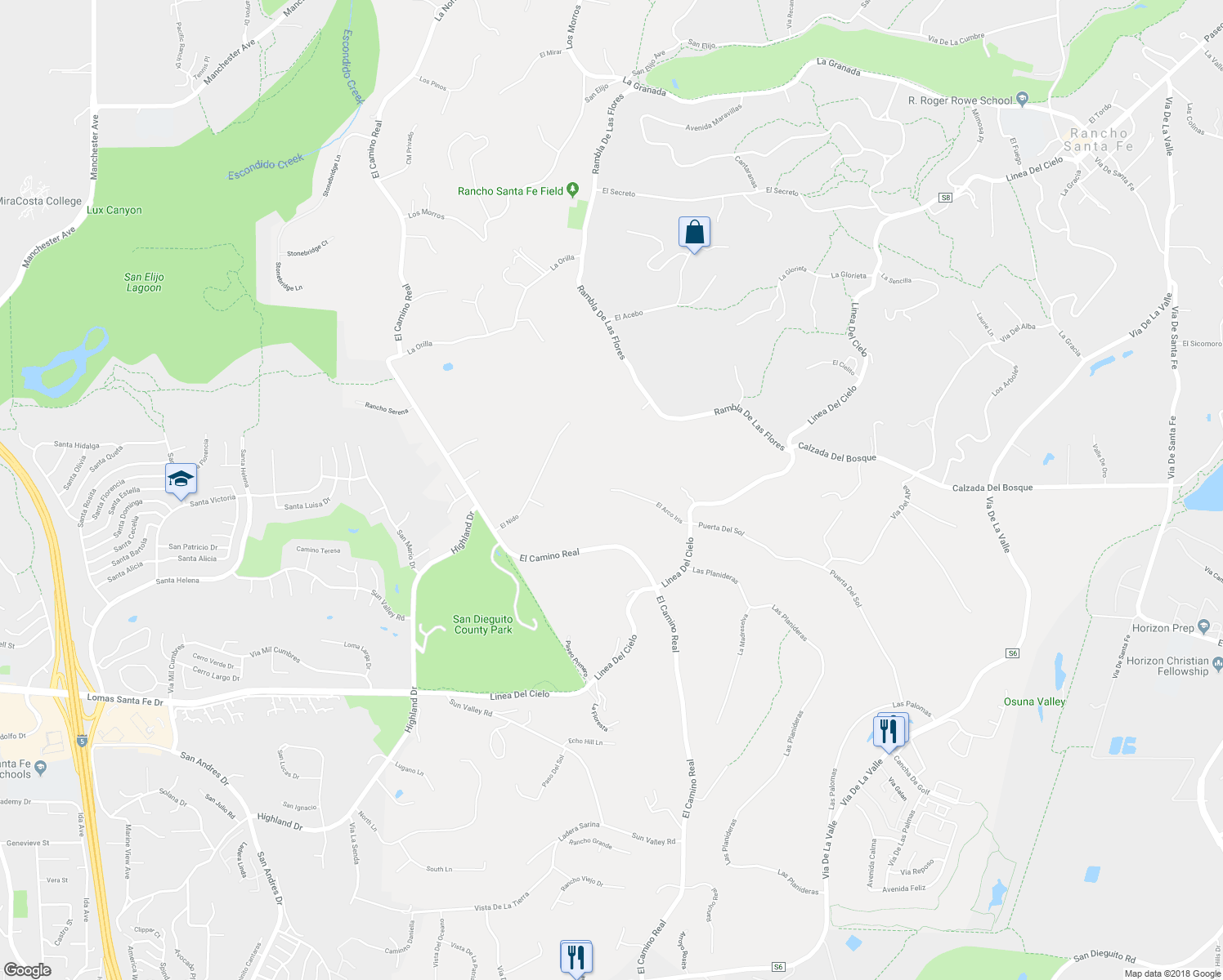 map of restaurants, bars, coffee shops, grocery stores, and more near 4802 El Arco Iris in Rancho Santa Fe