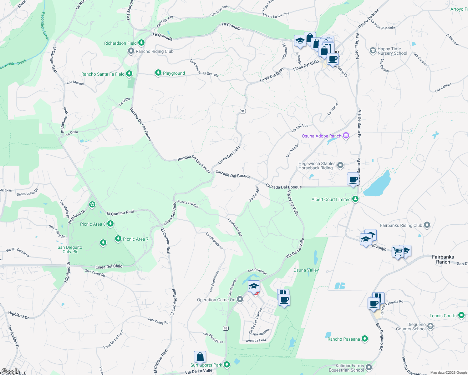 map of restaurants, bars, coffee shops, grocery stores, and more near 5443 Calzada Del Bosque in Rancho Santa Fe