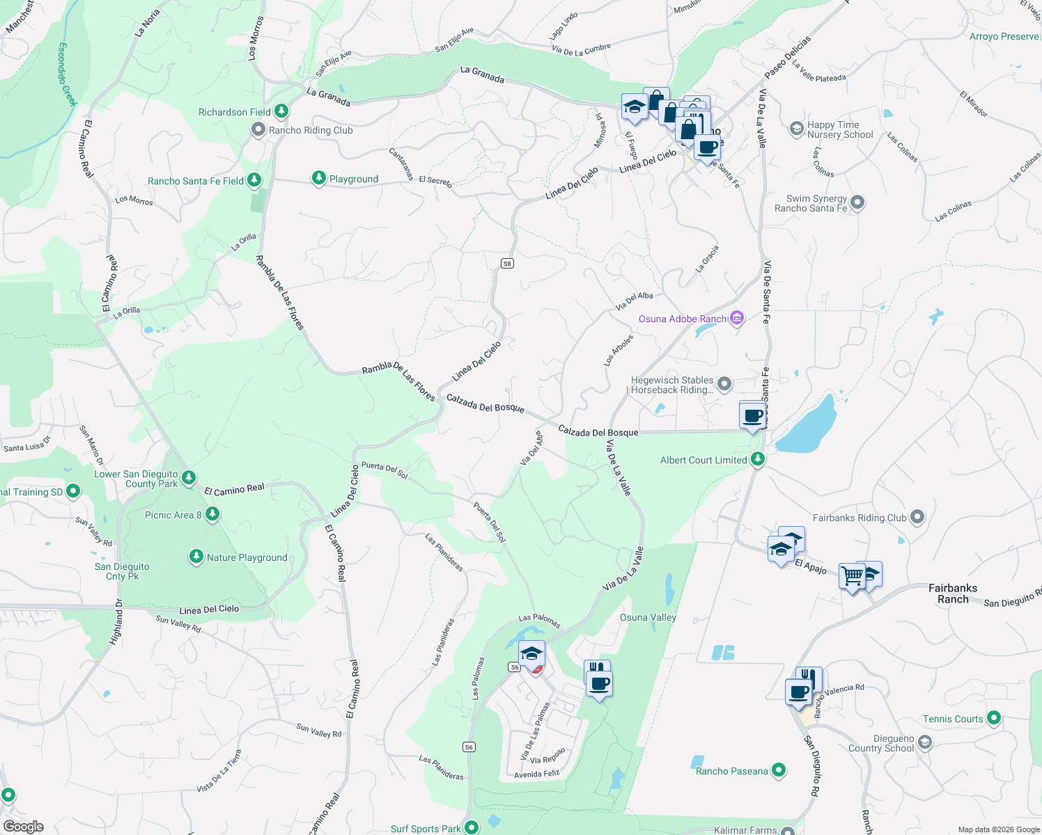 map of restaurants, bars, coffee shops, grocery stores, and more near 5445 Calzada Del Bosque in Rancho Santa Fe
