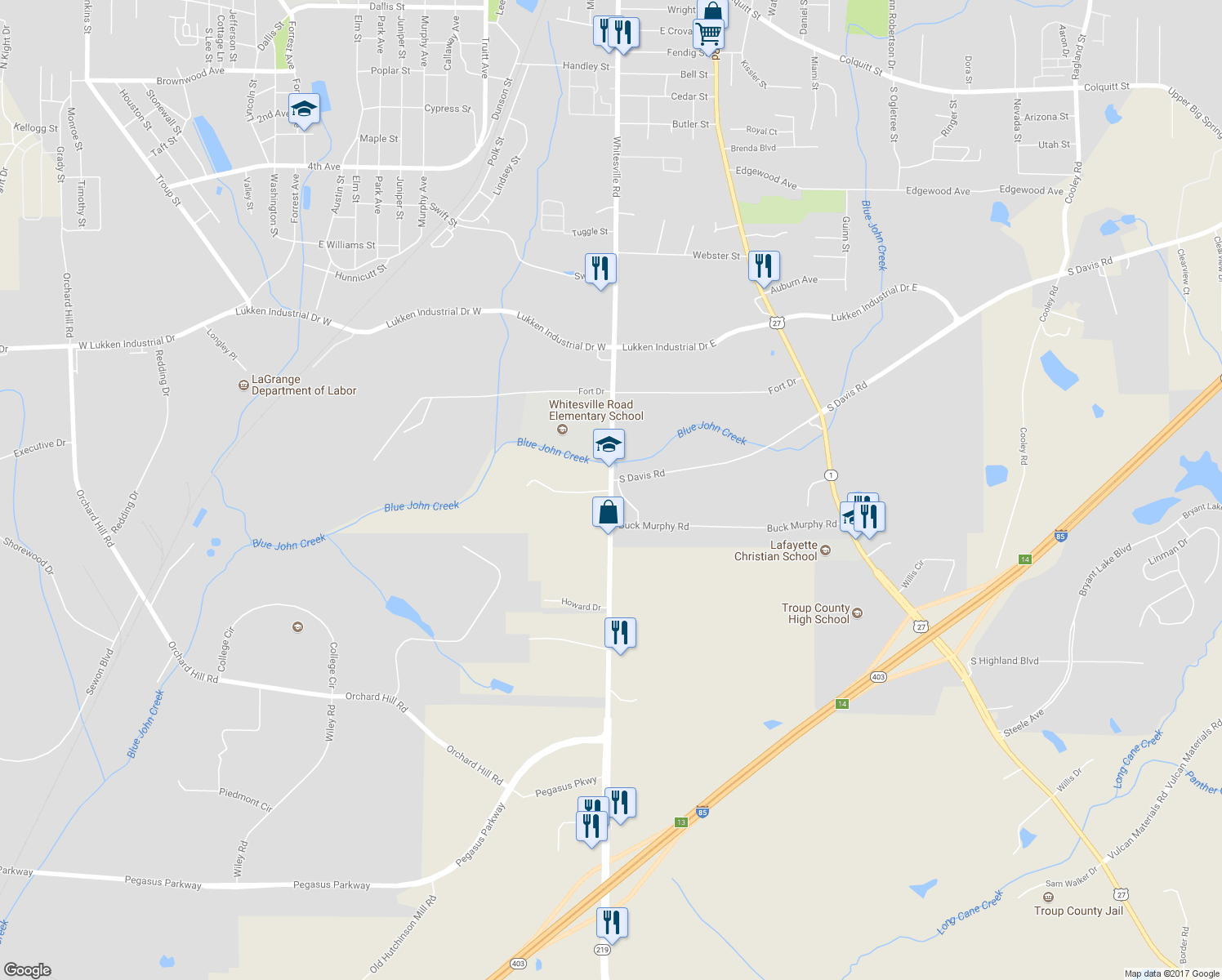 map of restaurants, bars, coffee shops, grocery stores, and more near 1734 Whitesville Road in LaGrange