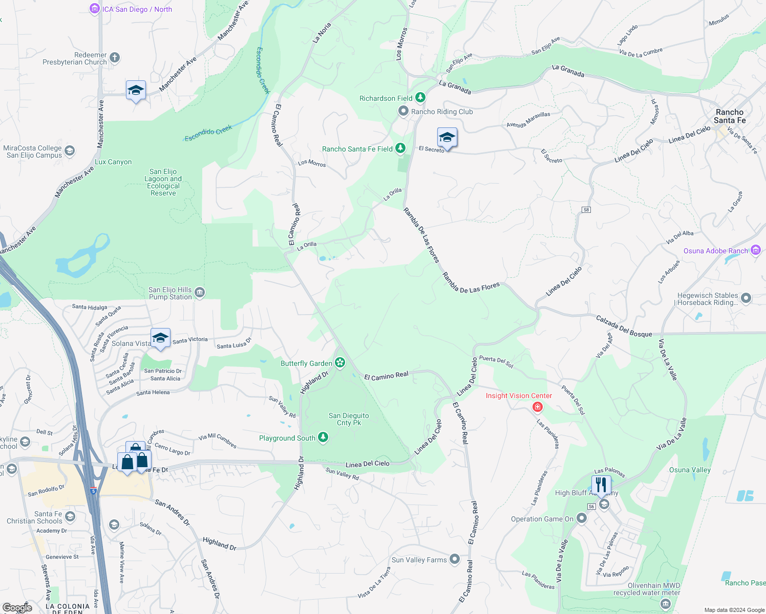 map of restaurants, bars, coffee shops, grocery stores, and more near 4848 El Nido in Rancho Santa Fe