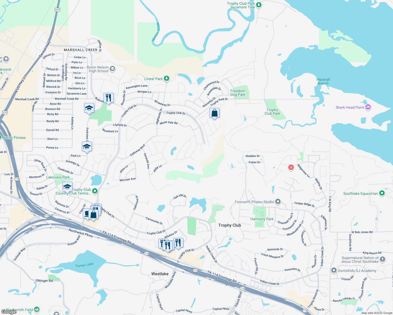 map of restaurants, bars, coffee shops, grocery stores, and more near 2821 Marrickville Drive in Trophy Club