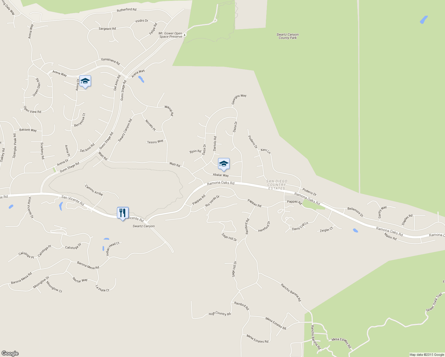 map of restaurants, bars, coffee shops, grocery stores, and more near 24905 Abalar Way in Ramona