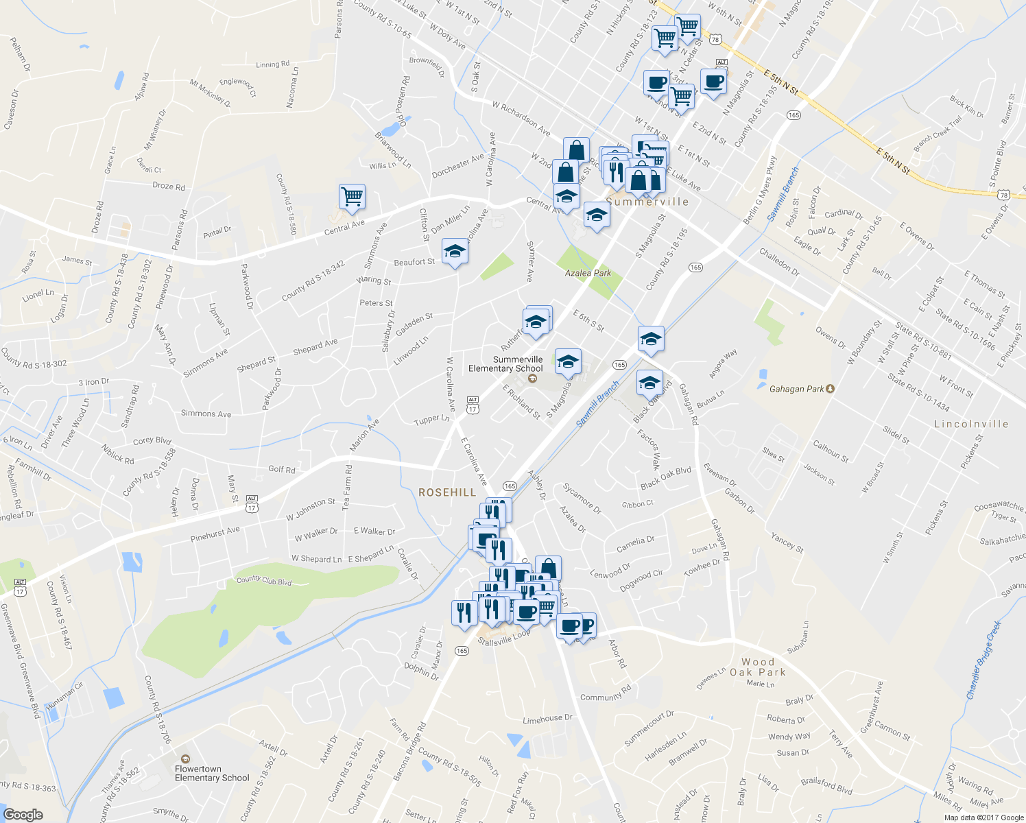 map of restaurants, bars, coffee shops, grocery stores, and more near 105 Graham Lane in Summerville