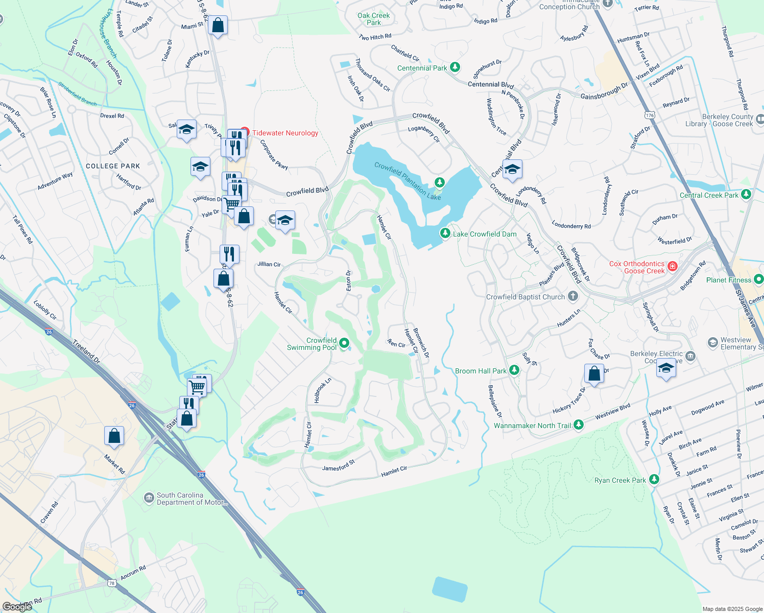 map of restaurants, bars, coffee shops, grocery stores, and more near 106 S Gateshead Crossing in Goose Creek