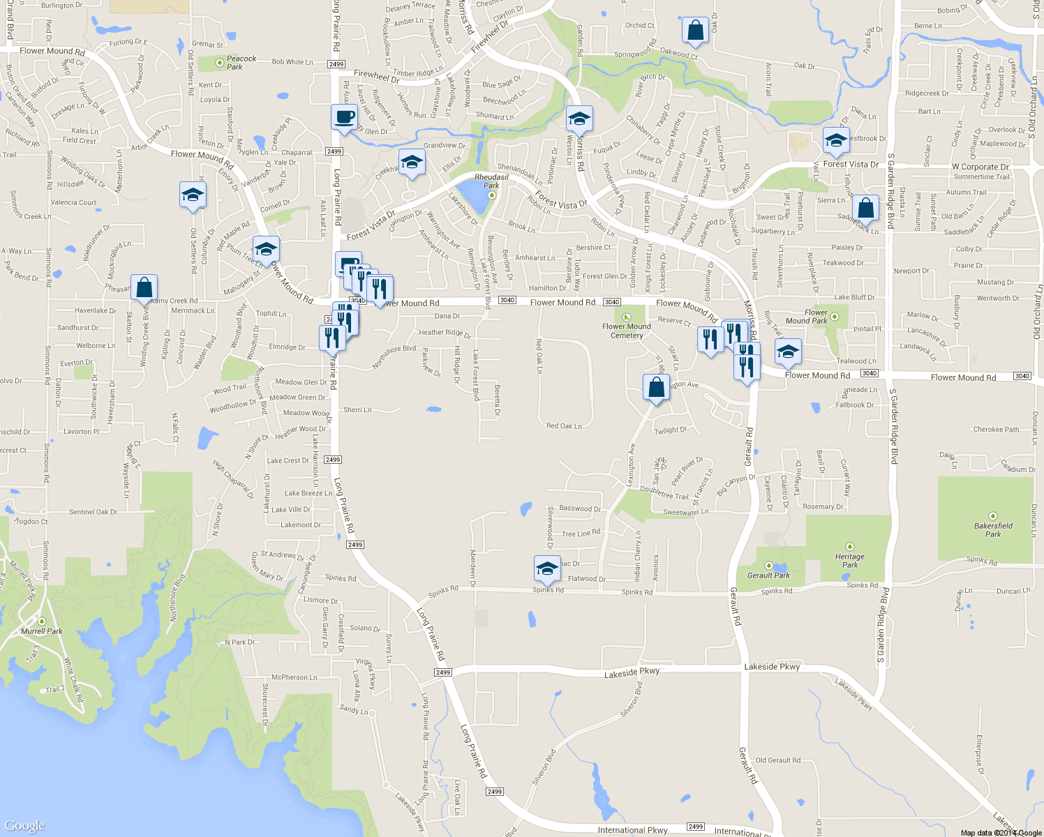 map of restaurants, bars, coffee shops, grocery stores, and more near 124 Red Oak Lane in Flower Mound