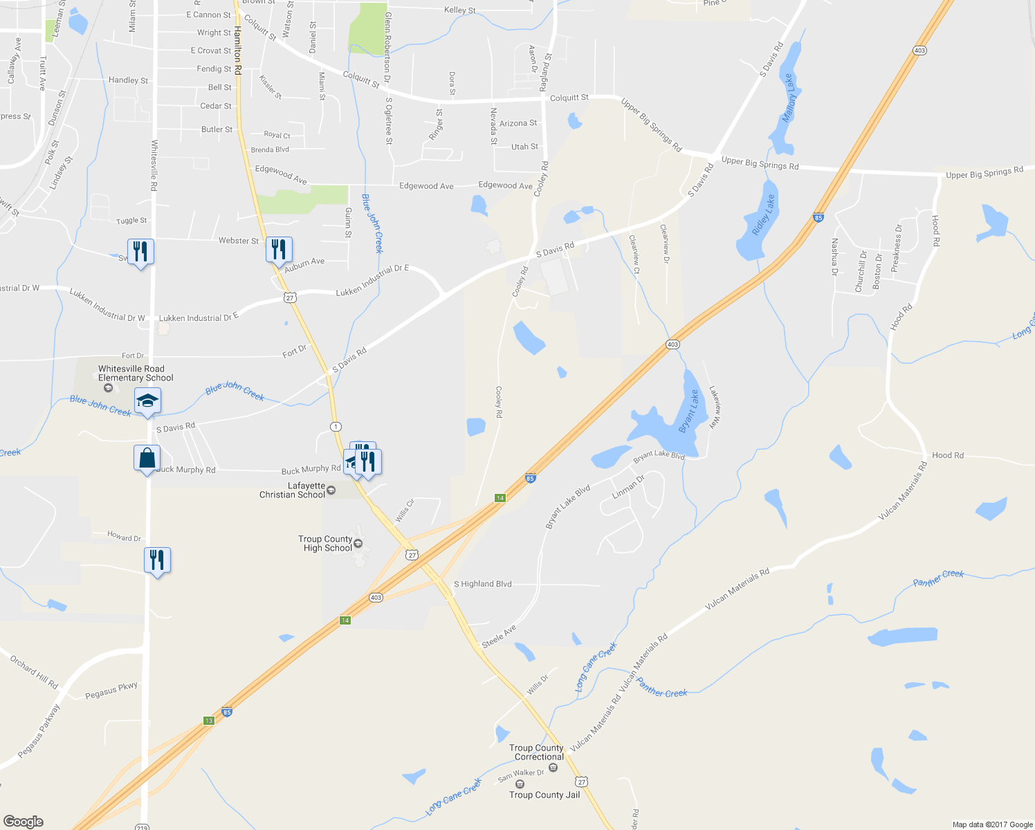 map of restaurants, bars, coffee shops, grocery stores, and more near 443 Cooley Road in LaGrange