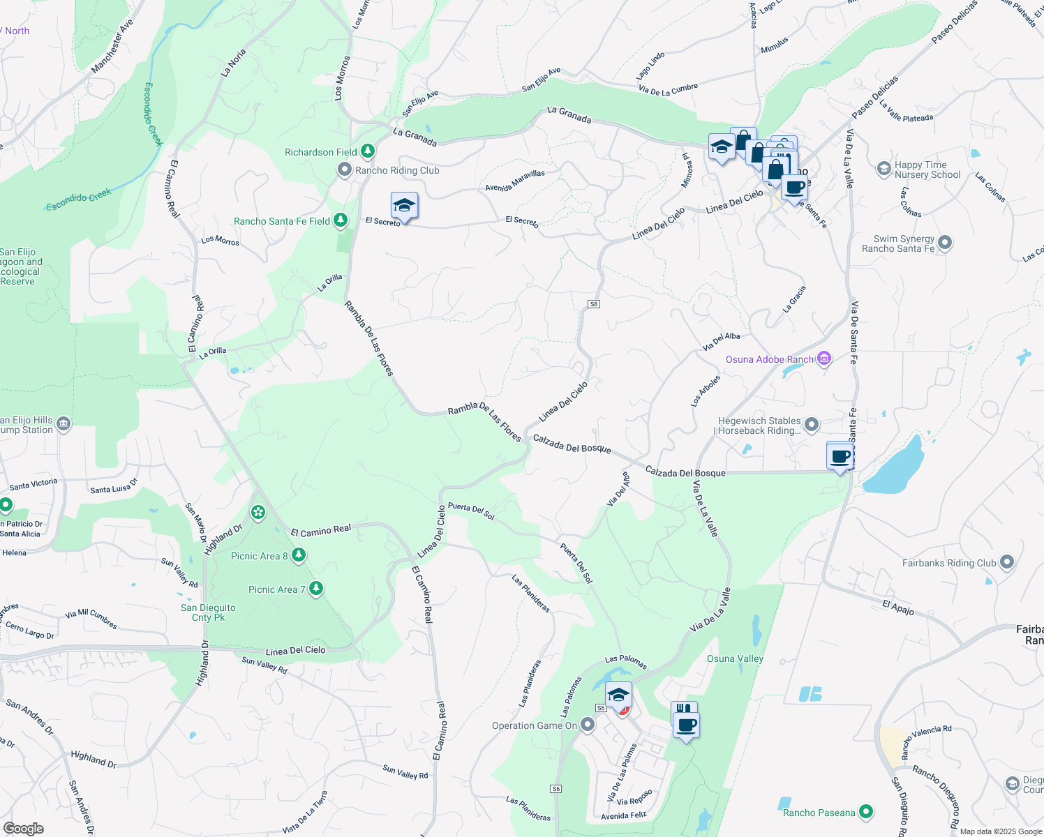 map of restaurants, bars, coffee shops, grocery stores, and more near 5306 Linea Del Cielo in Rancho Santa Fe