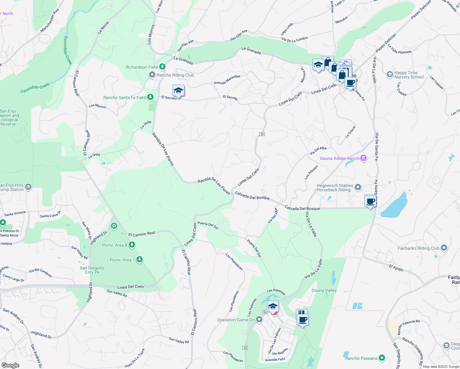 map of restaurants, bars, coffee shops, grocery stores, and more near 5306 Linea Del Cielo in Rancho Santa Fe